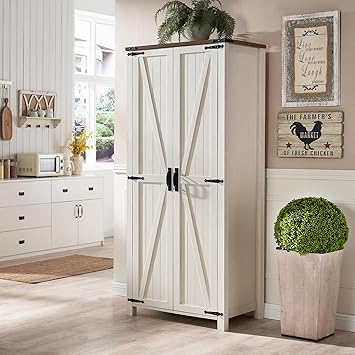 OKD Storage Cabinet, 32''W Farmhouse Kitchen Pantry Cabinet with 2 Barn Doors and Shelves, Rustic Armoire Cabinet w/Hanging Rod, 72'' Tall Linen Storage for Kitchen, Bedroom, Laundry, Antique White