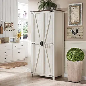 OKD Storage Cabinet, 32''W Farmhouse Kitchen Pantry Cabinet with 2 Barn Doors and Shelves, Rustic Armoire Cabinet w/Hanging Rod, 72'' Tall Linen Storage for Kitchen, Bedroom, Laundry, Antique White