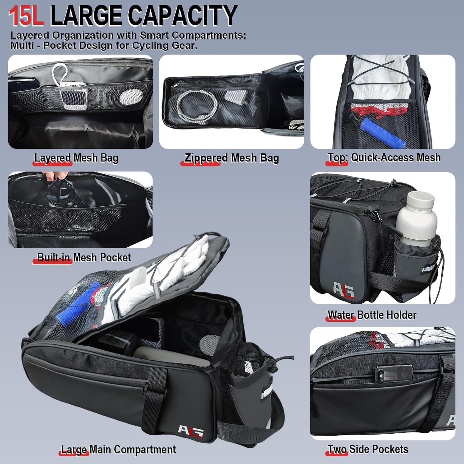 AO LI GEI Bike Bags for Bicycle Rear Rack - 15L Waterproof Ebikes Trunk Bag with Rain Cover & Water Bottle Holder,Reflective Bike Pannier Saddle Bag for Commuter Travel Outdoor - Image 2