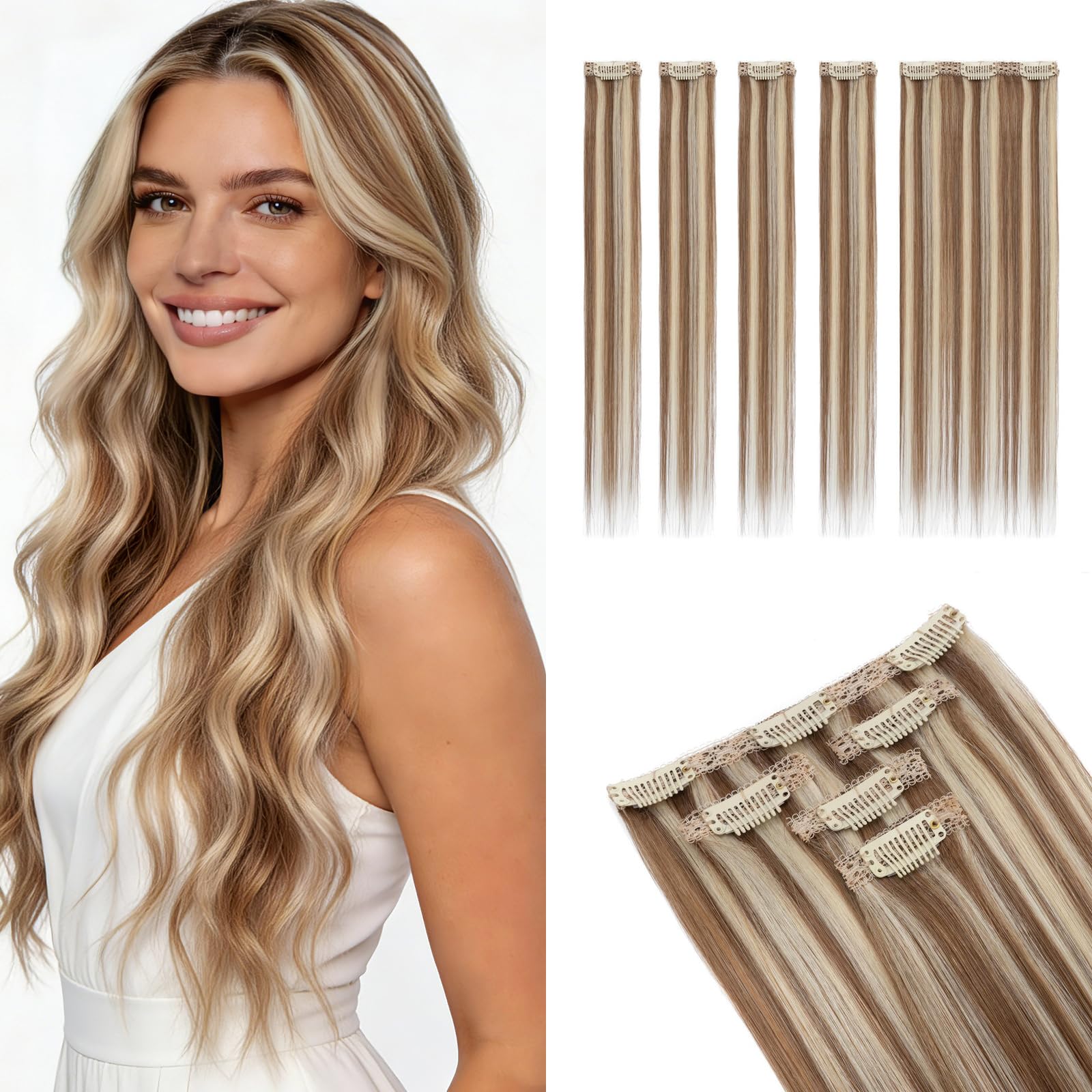 MY-LADY Clip in Extensions Echthaar für Feines Haar 5PCS 35cm mit Unsichtbaren Lace Clips Haarverlängerung für Sanftes Volumen #6P613 Hellbraun/Blond 42g Glatt