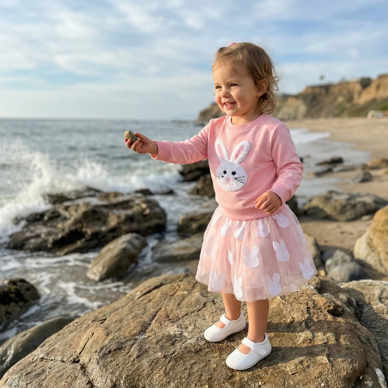 GXNRHG Kleinkind Baby Mädchen Ostern Outfit 2PCS Langarm Hase Bestickt Sweatshirt Tüll Tutu Rock Frühling Kleidung Set
