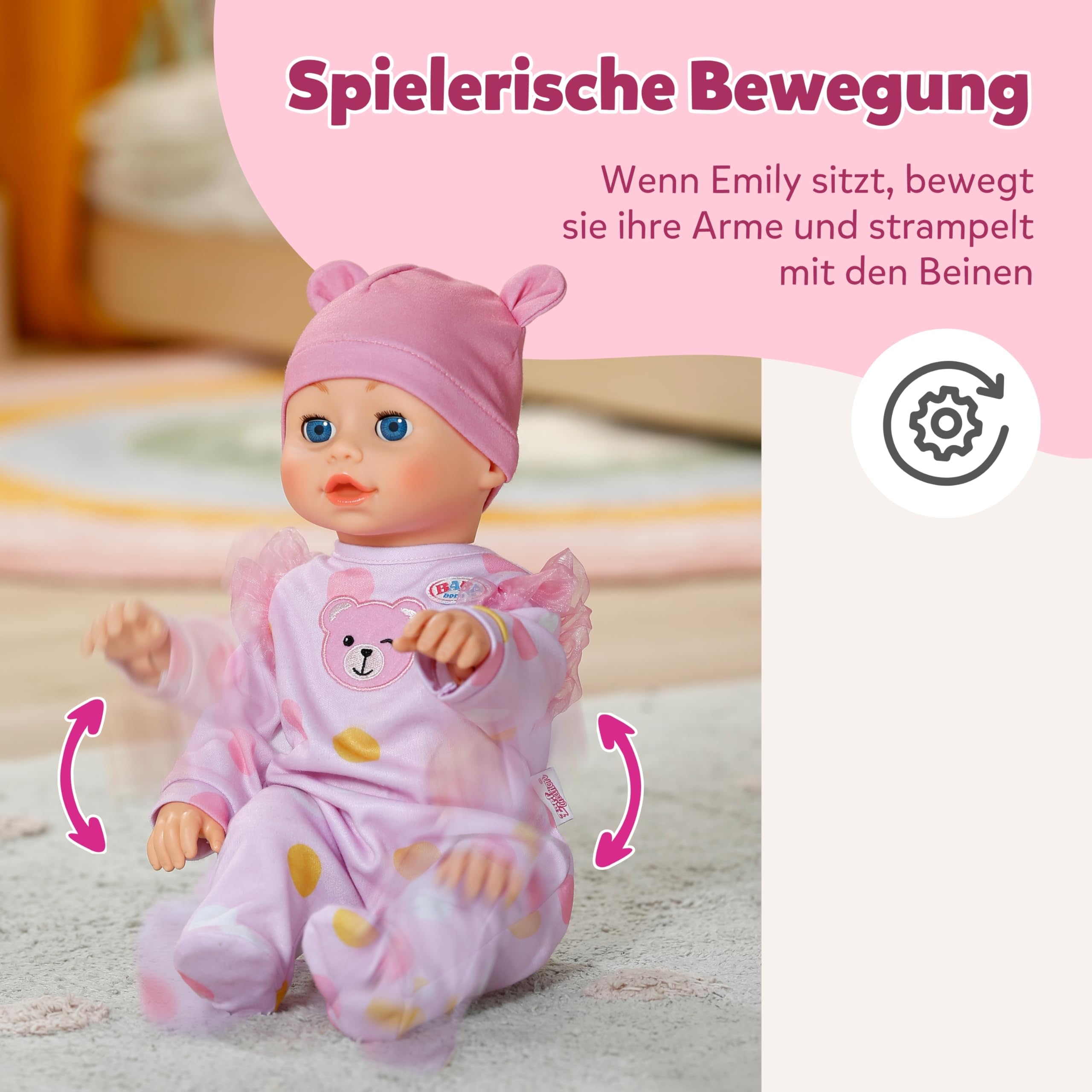 BABY Born Emily Lauf mit Mir - 43 cm Puppe mit elektronischen Funktionen - Krabbel- & Lauflernpuppe mit Soundfunktion - Inkl. rosa Strampler & Mütze - Geeignet für Kinder ab 3 Jahren