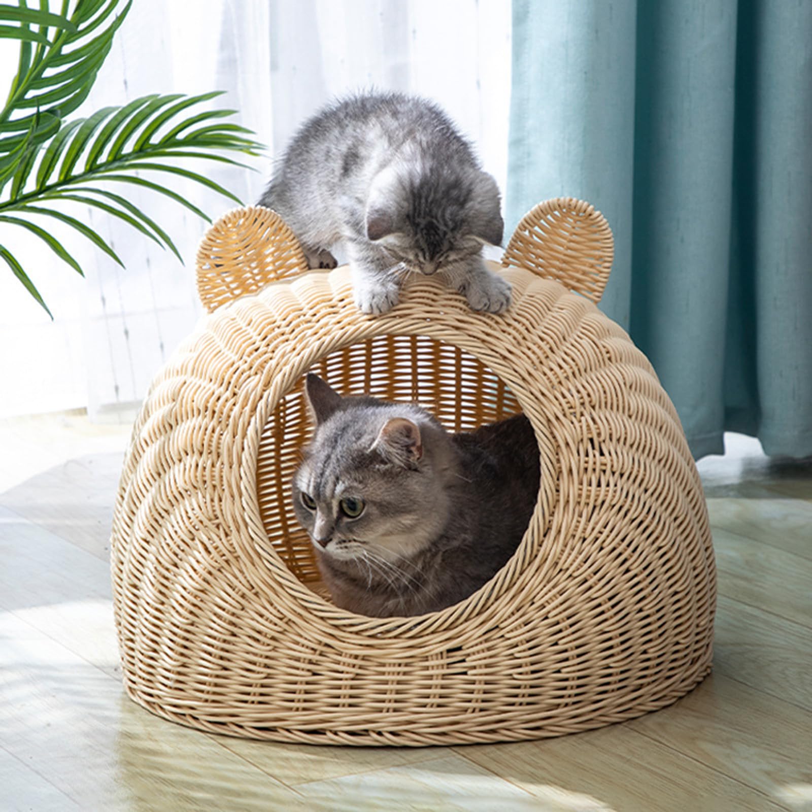 Cuccia Per Gatti in Plastica Di Vimini Per Gatti Domestici, Cuccia Per Con Orecchio Di Gatto Carino Grotta Tessuta A Mano Semichiusa Per Gatti in Rattan,Beige,29cm