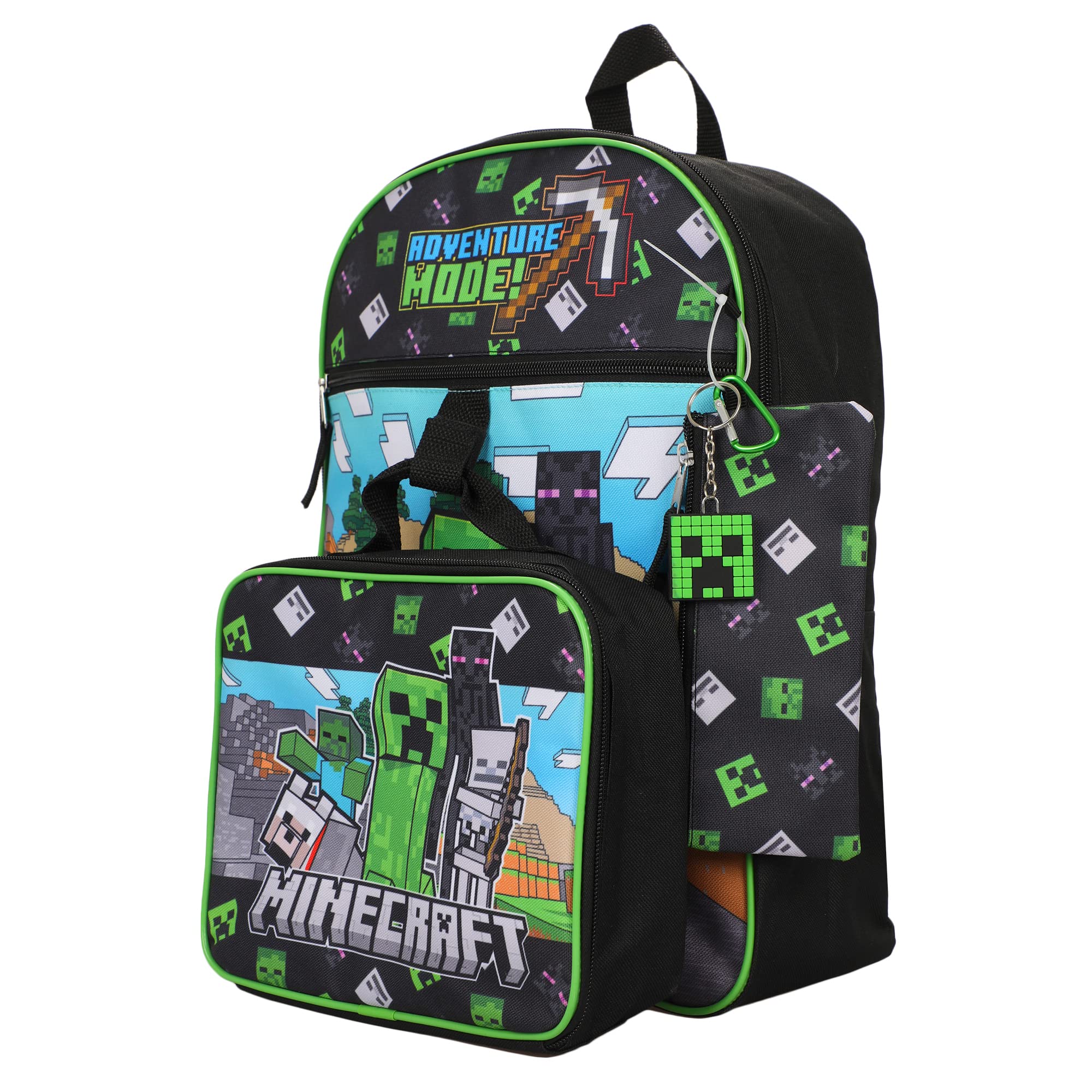 Bioworld Minecraft - Juego de 5 piezas: mochila de 16 pulgadas, fiambrera, funda de utilidad, llavero de goma y mosquetón, multicolor, 1 tamaño, moderno