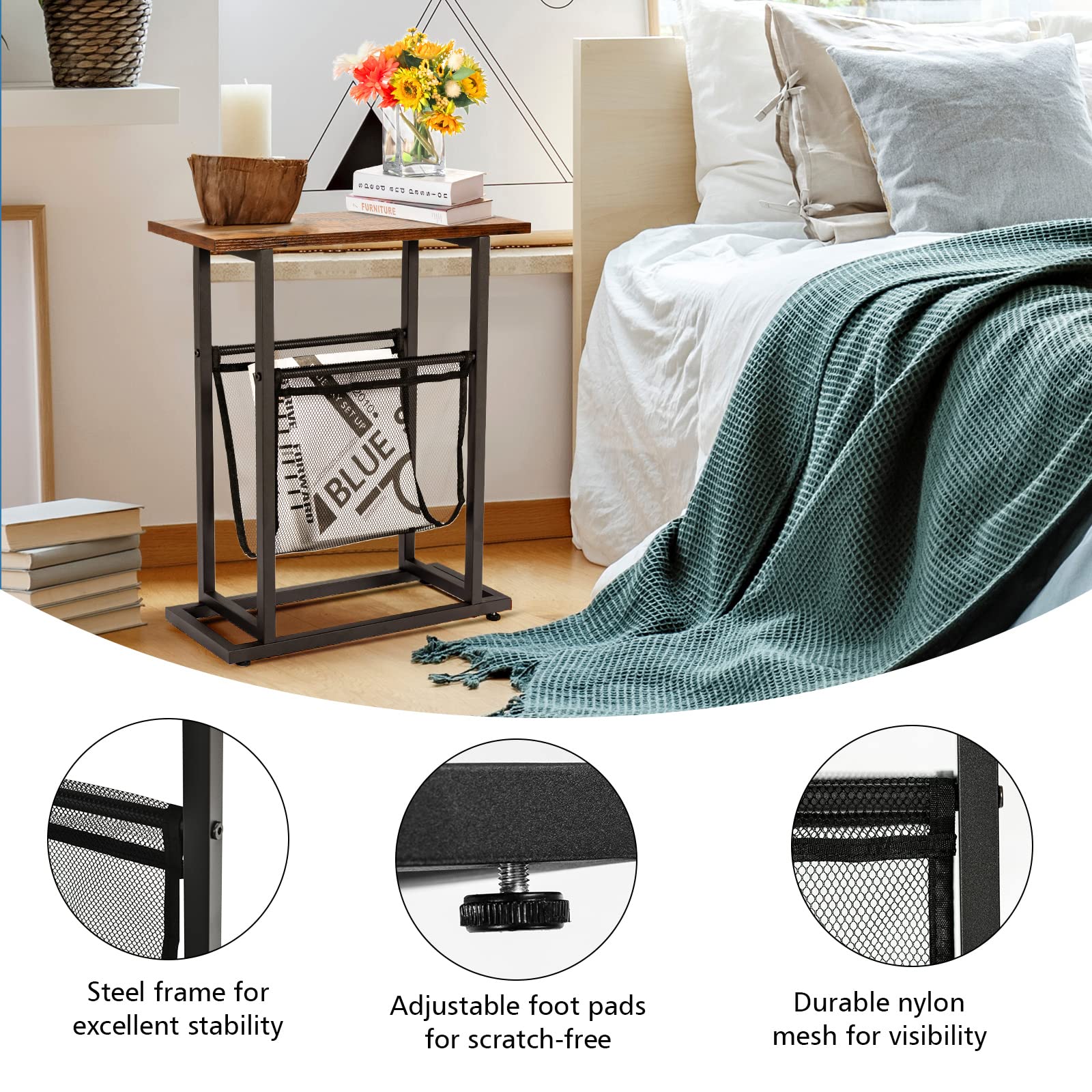 LIFEZEAL Beistelltisch mit Seitentasche, schmaler Holztisch für Zeitschriften, Sofatisch im industriellen Stil, Sofa-Seitentisch für Wohnzimmer, Schlafzimmer, 45 x 18 x 54,5 cm