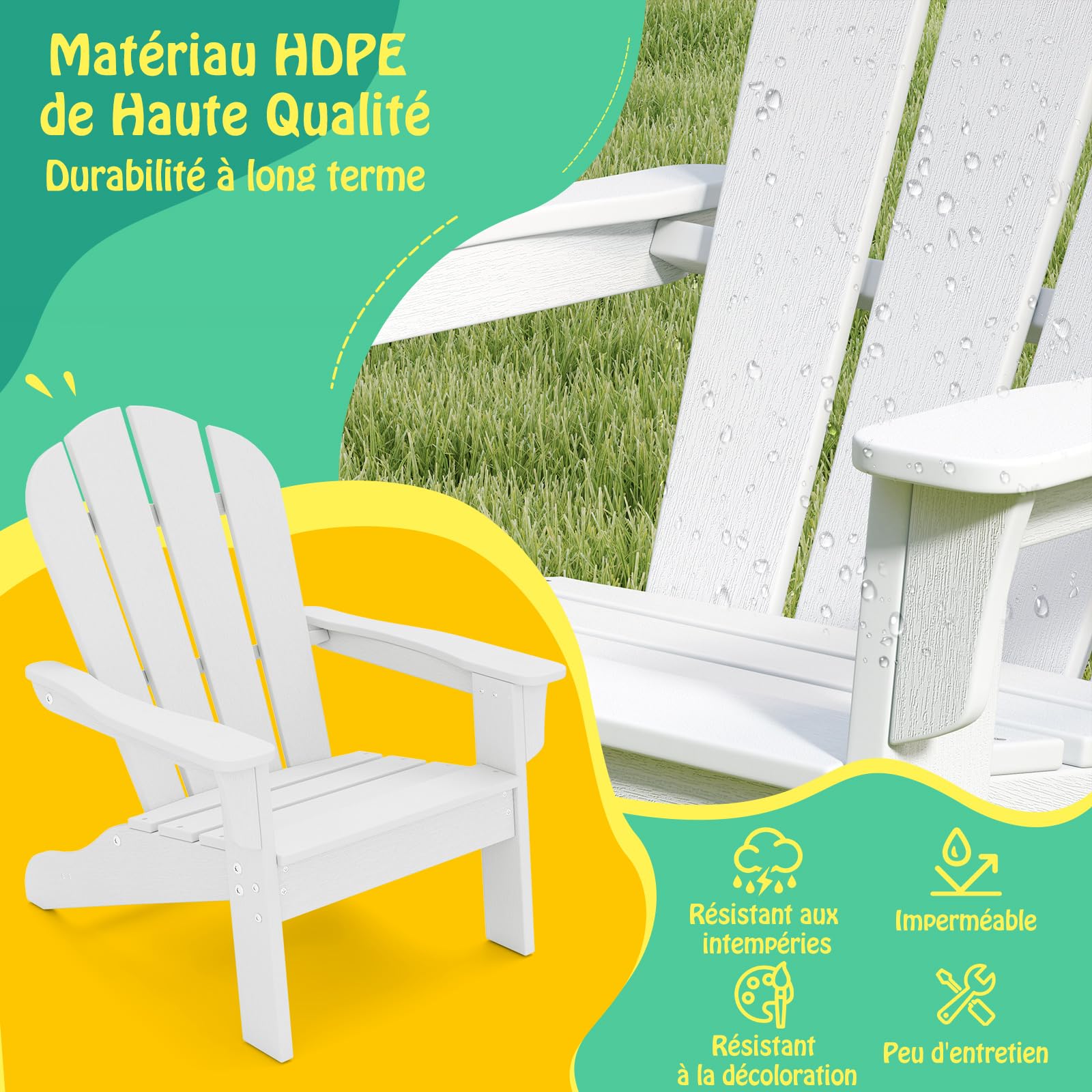 COSTWAY Chaise Adirondack de Jardin Enfant en HDPE avec Design Ergonomique 105°, Fauteuil de Jardin Extérieur avec Accoudoirs & Siège à Lattes, Charge 75kg pour Enfant de 3-8 Ans (Blanc)