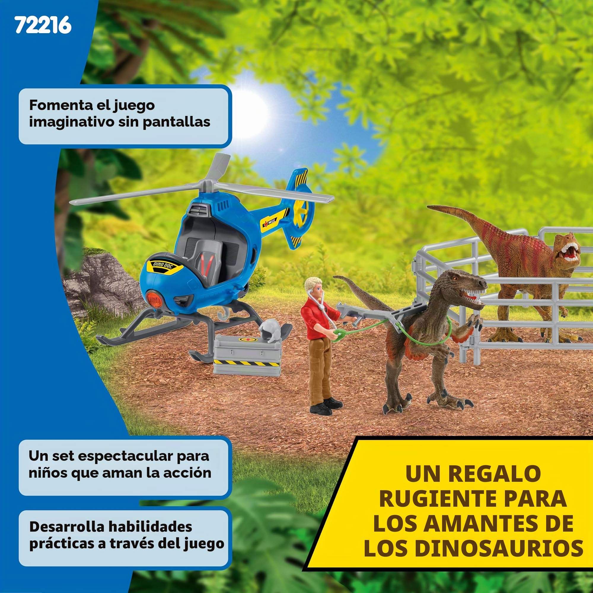 Schleich Dinosaurs | Rescate en helicóptero de Dinosaurios 72216 | Set con helicóptero, Flynn, 2 Dinos & Accesorios | Regalo para niños | Juguete a Partir de 5 años | 28 Piezas | Exclusivo en Amazon | Juego de dinosaurios con helicóptero, Flynn, 2 dinosau