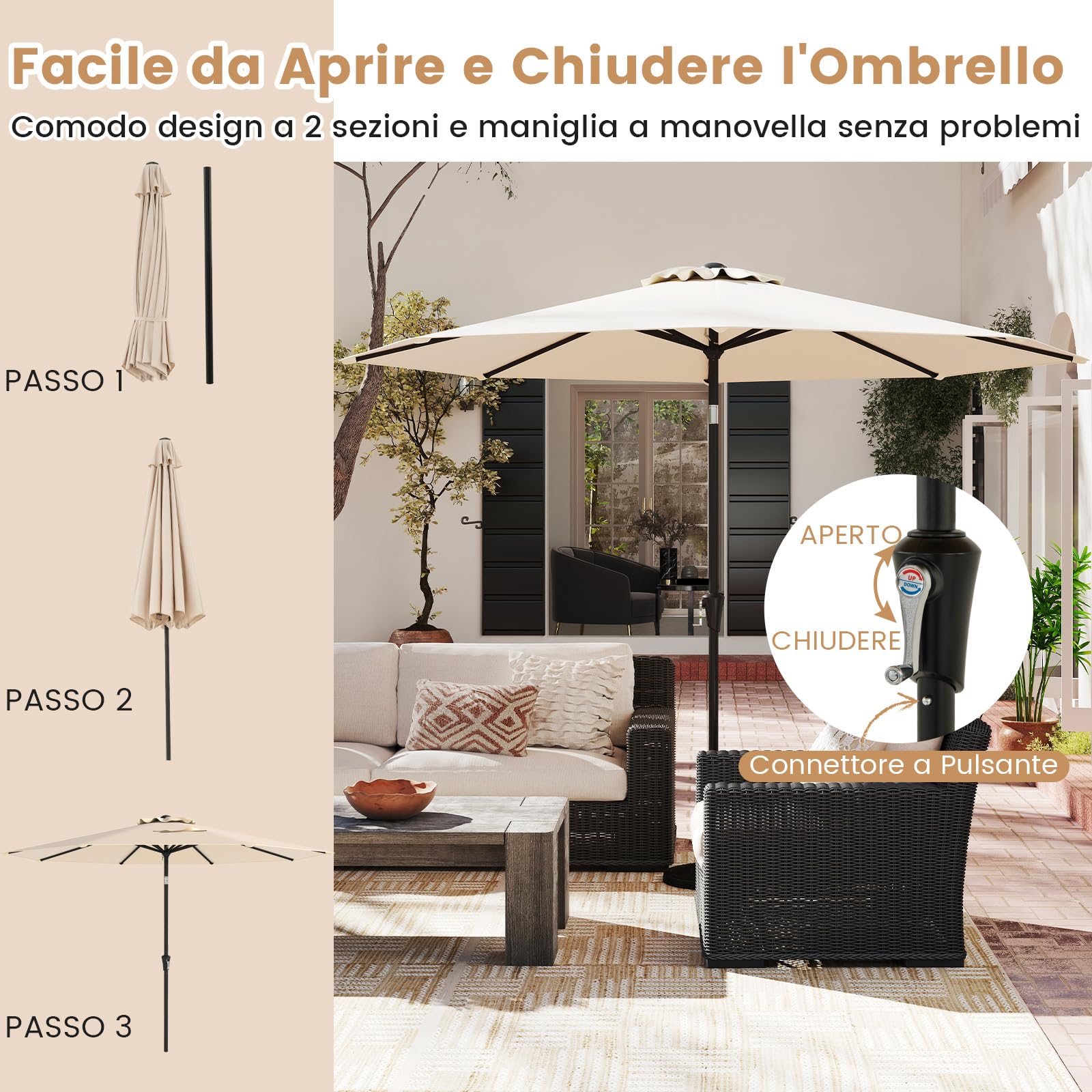 COSTWAY Ombrellone da Giardino 290 cm con Inclinazione Regolabile, 8 Stecche Manovella per Spiaggia Piscina Cortile Beige