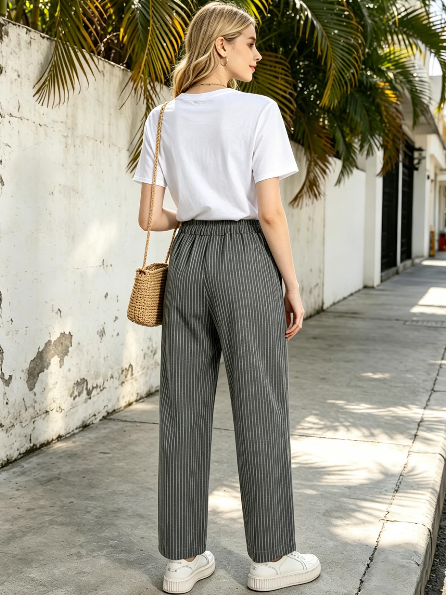 FTCayanz Damen Leinen Gestreift Haremshose Lange Hose