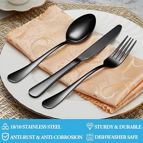Miniatura 3 de Juego de cubiertos negros de 50 piezas, de acero inoxidable, para 10 personas, con acabado de espejo, duradero, para el hogar, cocina, cocina, juego