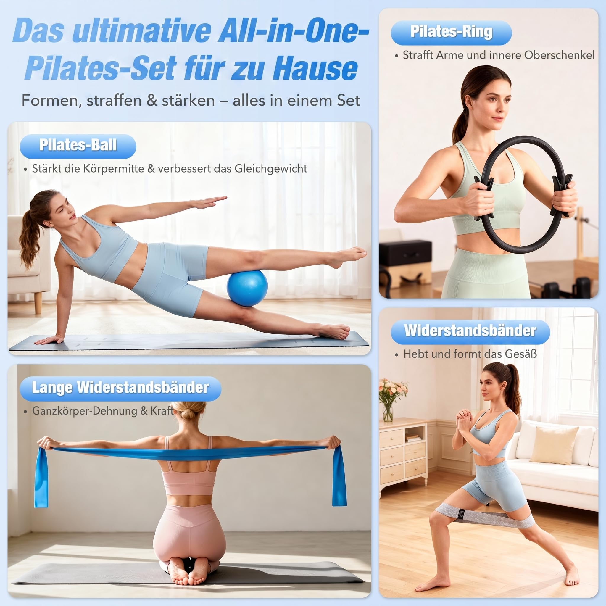 GINMIC Pilates Set, 13-teiliges Trainingsset für Zuhause mit Pilates-Ring und -Ball, 3 Widerstandsbänder in 3 Stärken, inkl. Übungsanleitung und Tragetasche – Ideal für Anfänger und Ganzkörpertraining