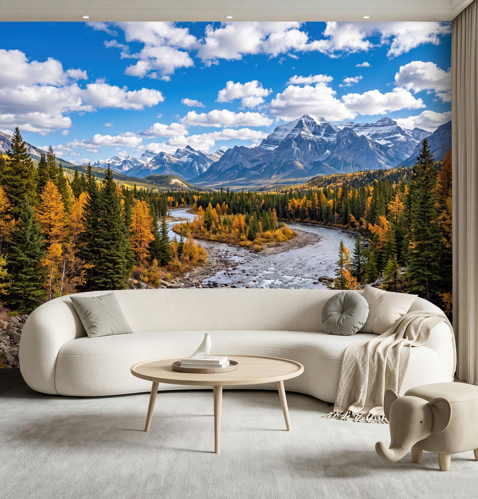 Naturlandschaft Wald Panorama Fototapete 300 x 210 cm, Berge Canyons Flüsse Kiefern Schneebedeckte Berge Vlies Tapeten Wandtapete, Blau Wandbilder Tapete für Wohnzimmer Schlafzimmer Apartment Flur
