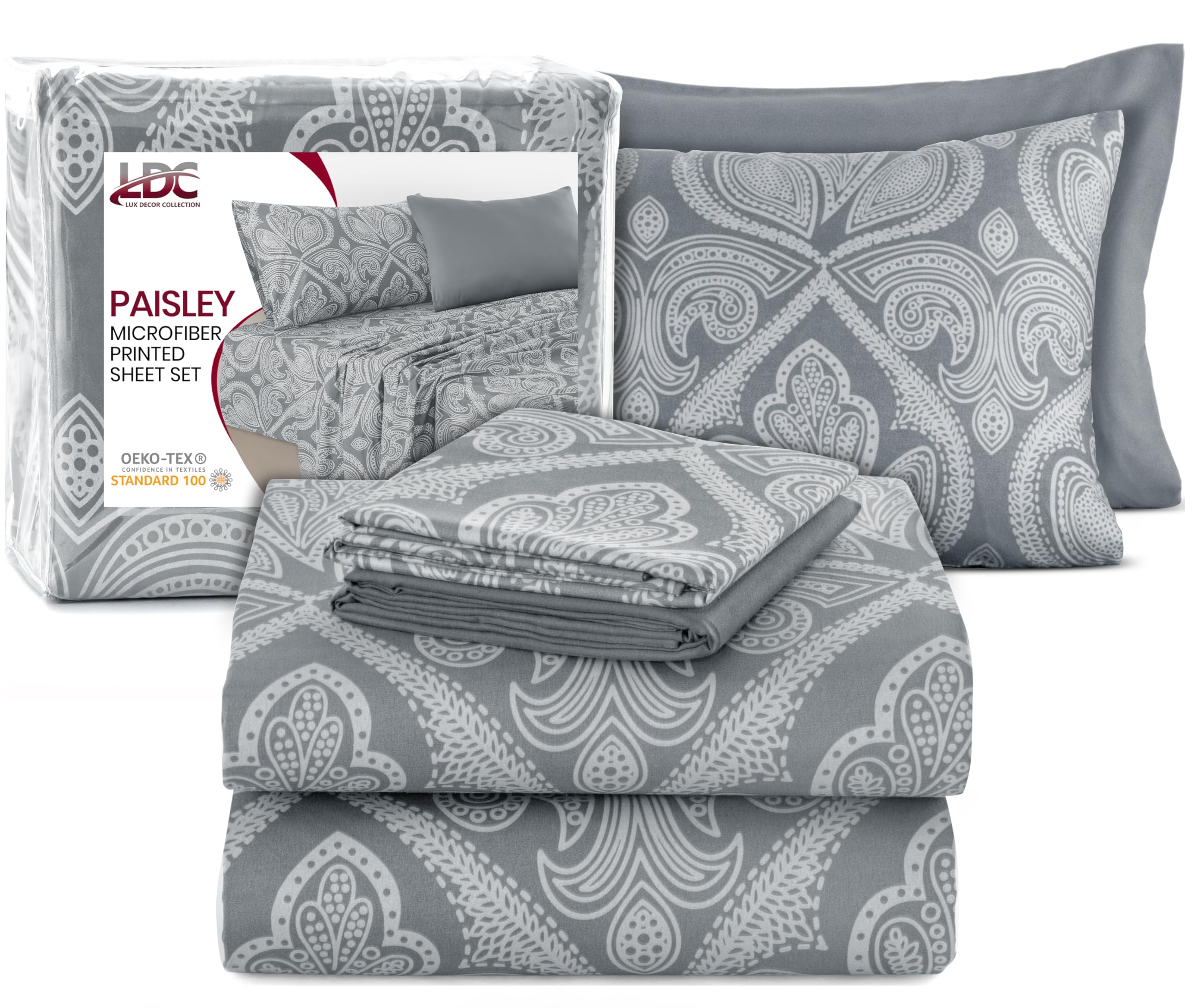 Ultra Soft Wrinkle-Free Microfiber Paisley King Sheet Set, Breathable Boho Bed Sheet Set – 16" Deep Pocket Fitted Sheet, Flat Sheet & 4 Pillowcases, Juegos de Sábanas, OEKO-TEX - Grey