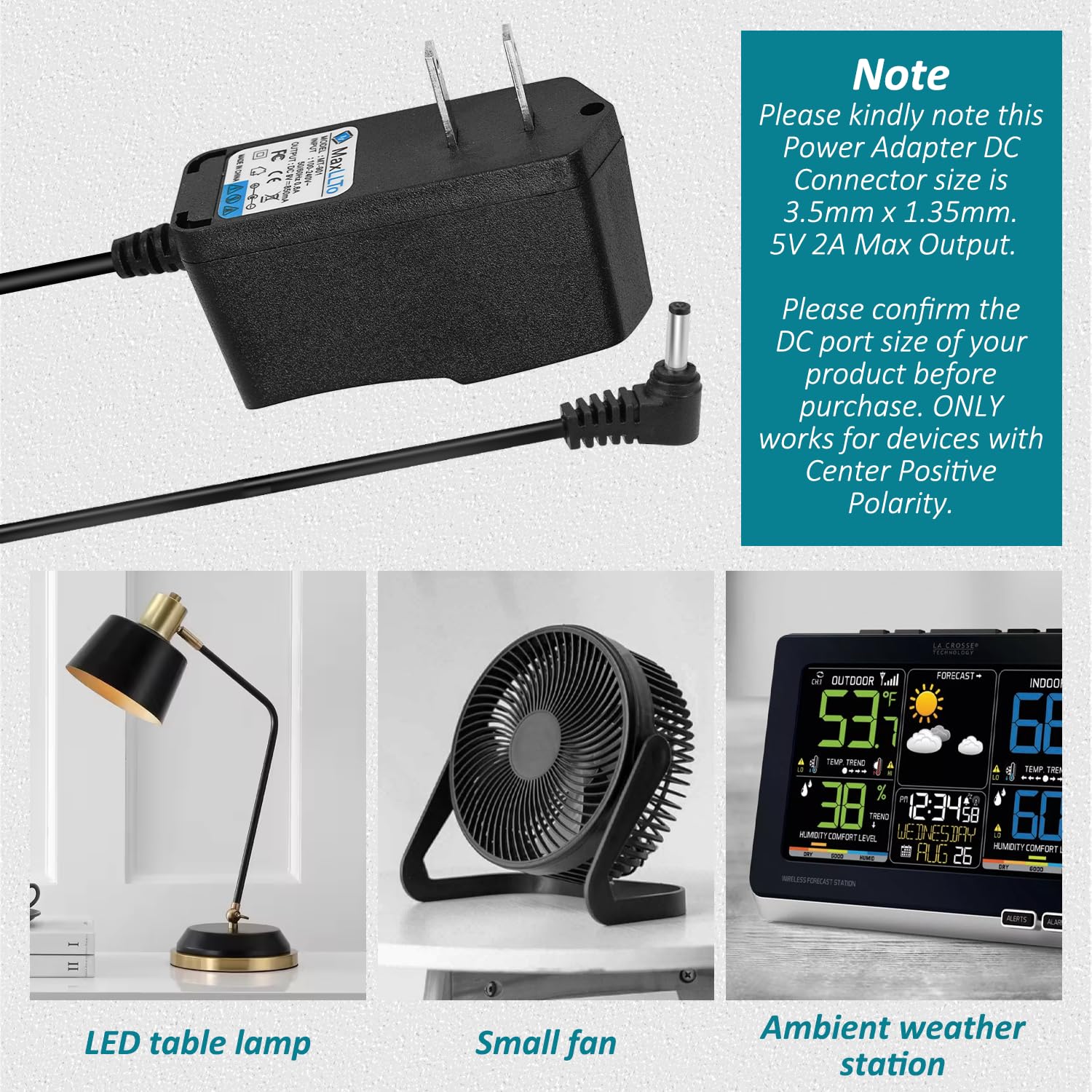 Adattatore di alimentazione CA 5 V 2 A con connettore da 3,5 mm x 1,35 mm, adattatore di alimentazione per tablet, router wireless, interruttori, hub USB, Android TV Box, telecamere di sicurezza IP
