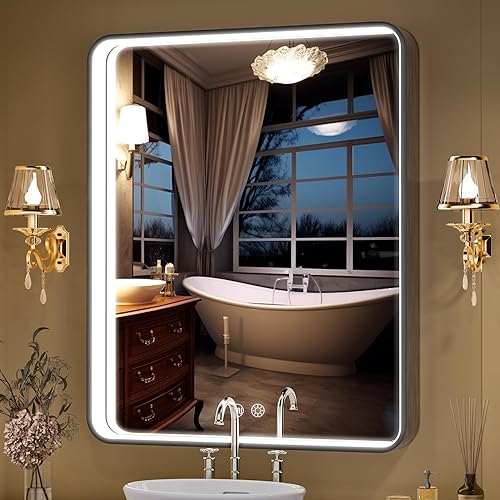 Miniatura 10 de Vosuja Espejo de baño LED redondo de 24 pulgadas con luces, marco negro circular incrustado, diseño de tira de luz moderna, 3 opciones de color