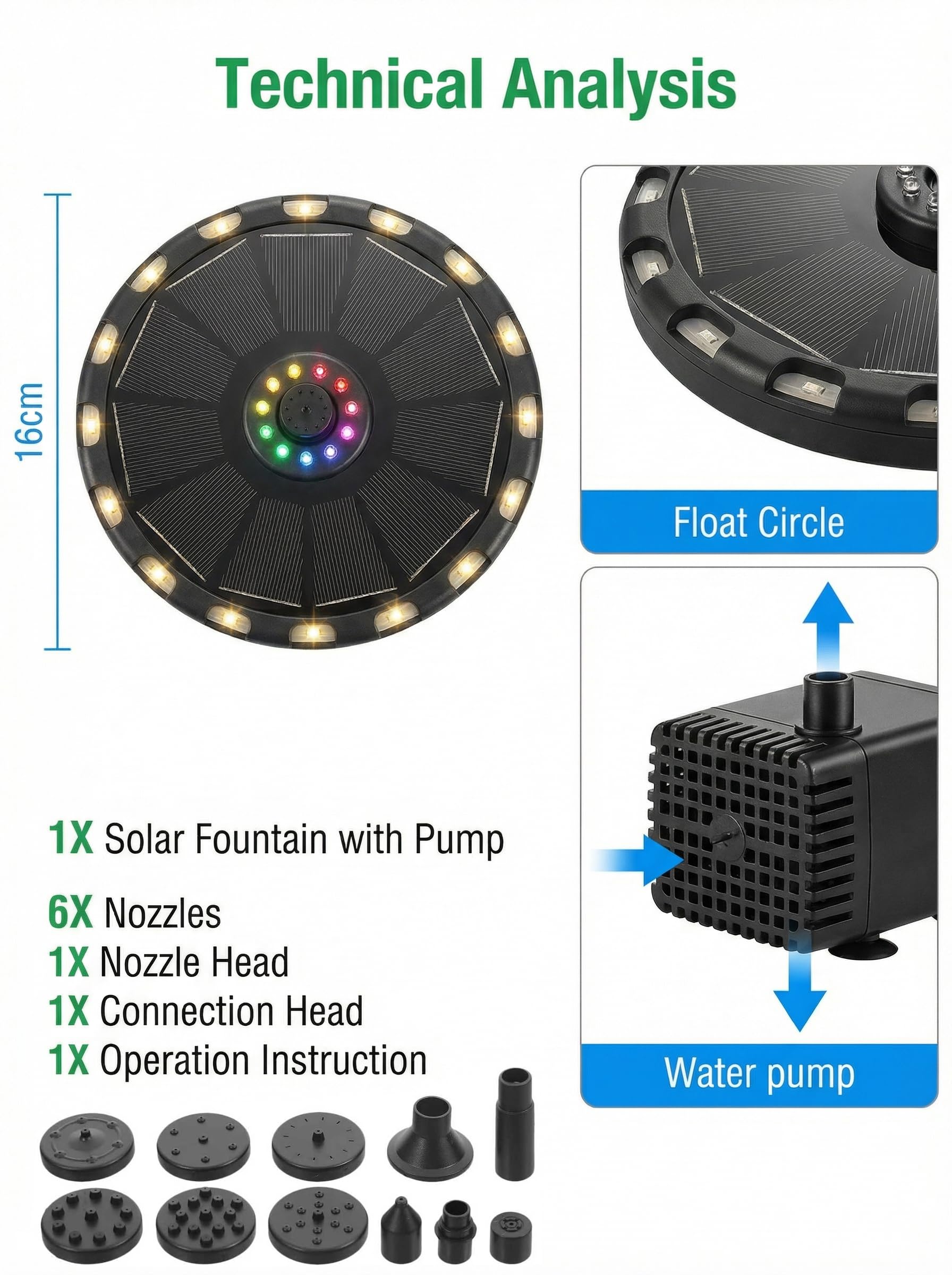 Solar Springbrunnen 3.5W, Solarbrunnen für außen 2026 Upgrade, Solar Teichpumpe mit 8 Bunten&18 Warmweiße LED-Leuchten, Solar Fontäne mit 6 Effekte für Garten Fischteich Wasserspiel Vogel-Bad