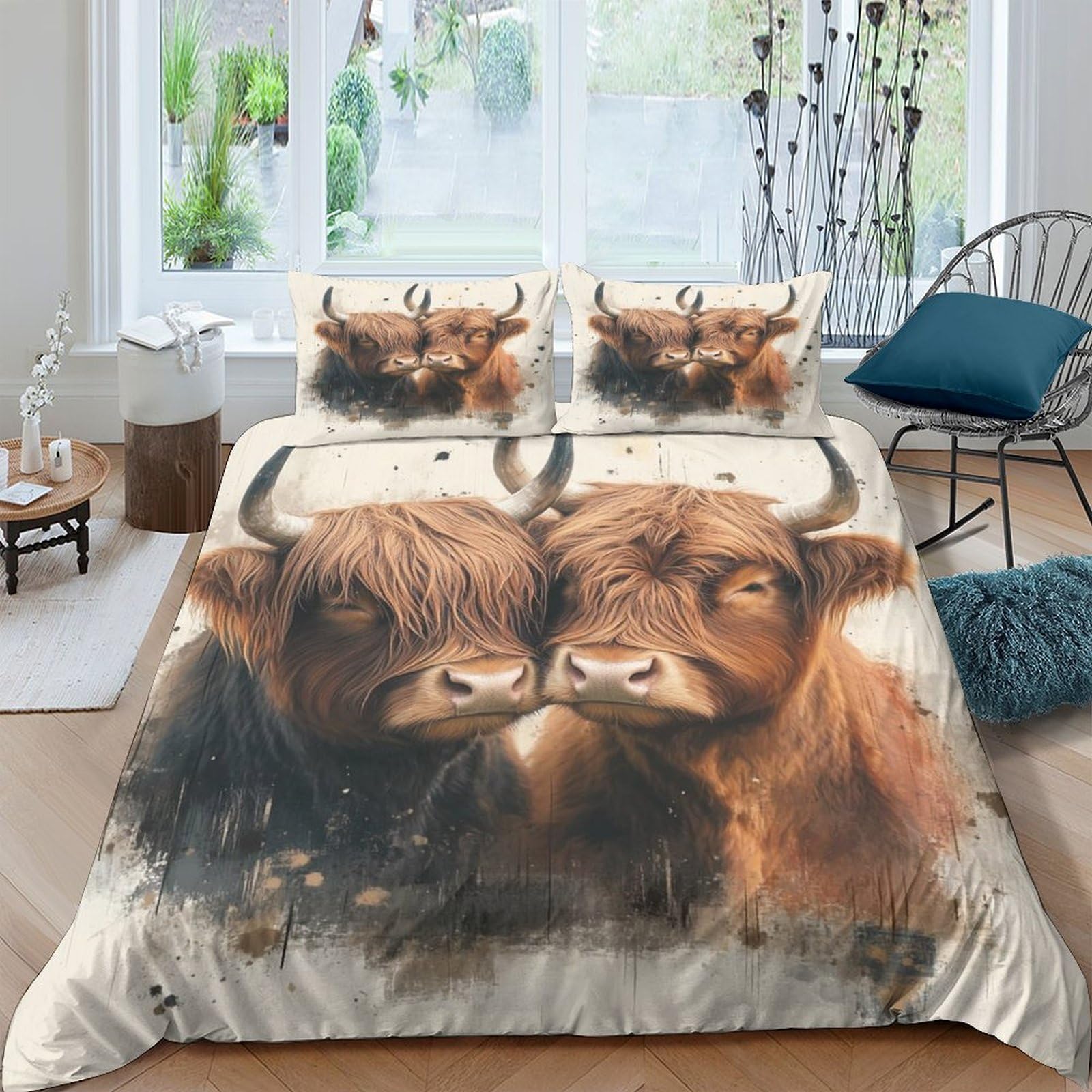 XFKLYNVCJ 3D Printed Highland cattle Comforter Cover Brushed Microfiber Artistic animal portrait Quilt Cover Wrinkle Resistant Hypoallergenic for Young Adults Rental Studio Use King（220x240cm）