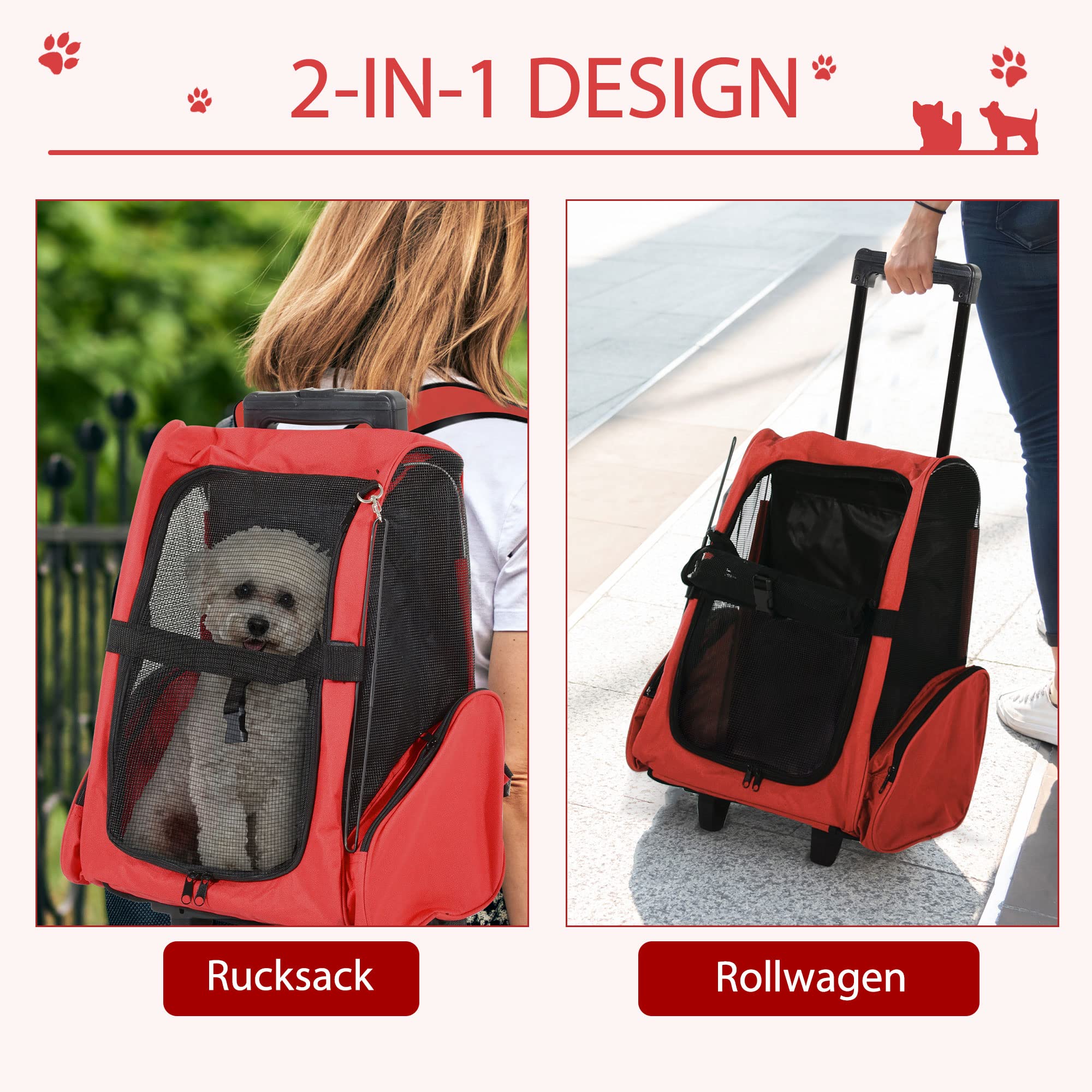 PawHut Hundetrolley Transporttasche Tragetasche für Tiere 2in1 Rucksack und Trolley 35x27x49 cm rot