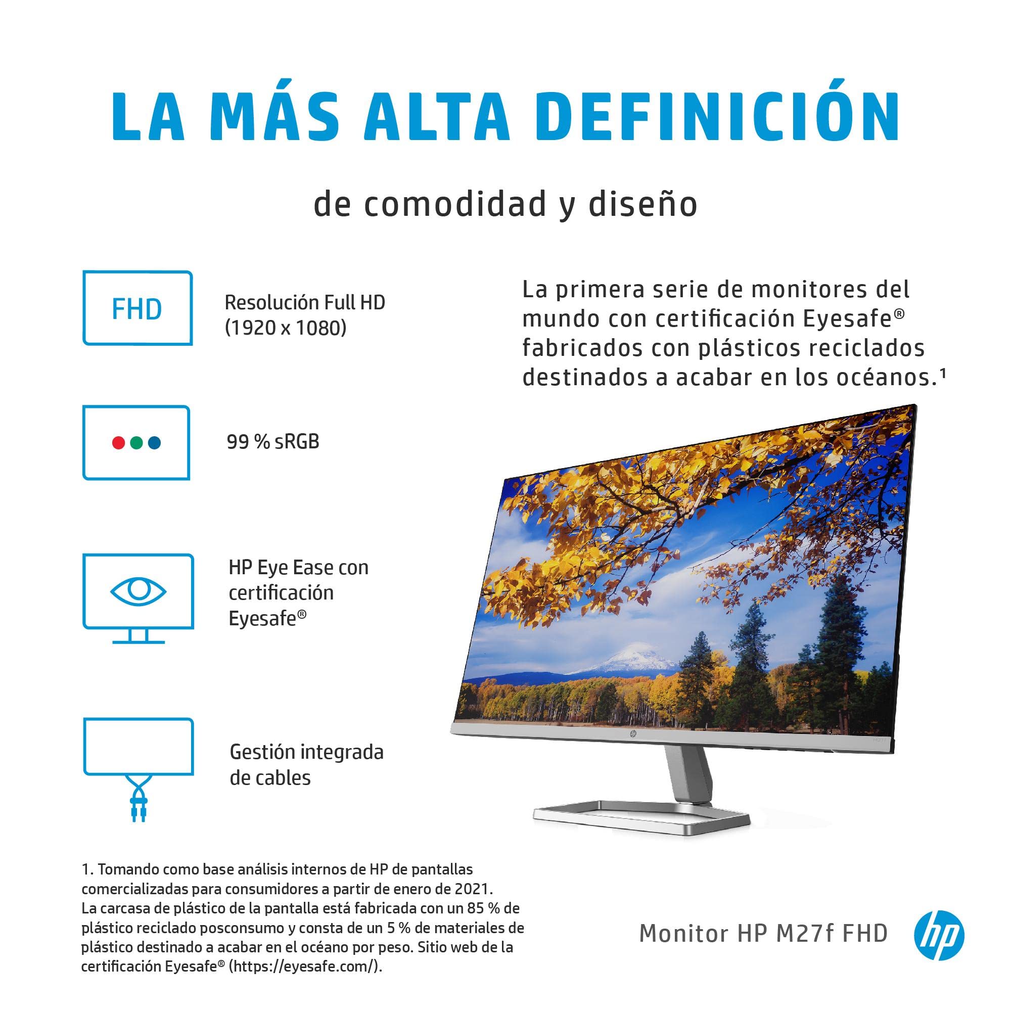 HP M27f Monitor (Pantalla de 27 Pulgadas, Full HD IPS, 75 Hz, AMD FreeSync, VGA, 2 x HDMI 1.4, Tiempo de Respuesta de 5 ms, Low-Blue-Light) Plateado