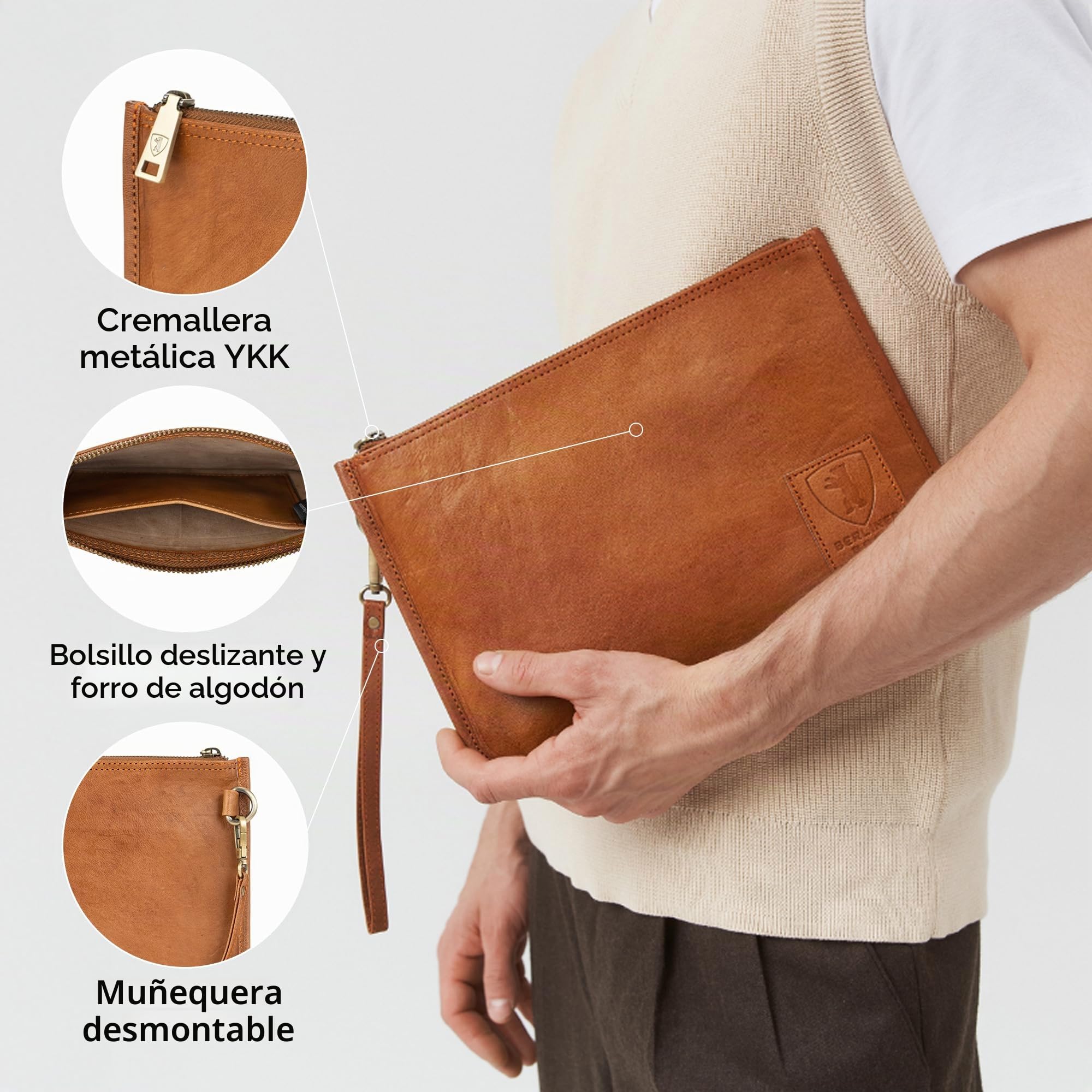 Berliner Bags Theo XL Cartera Organizador de Piel Auténtica para Documentos y Pasaporte, Portafolios de Viaje con Cremallera YKK, Correa de Muñeca Desmontable y Forro de Algodón – Marrón