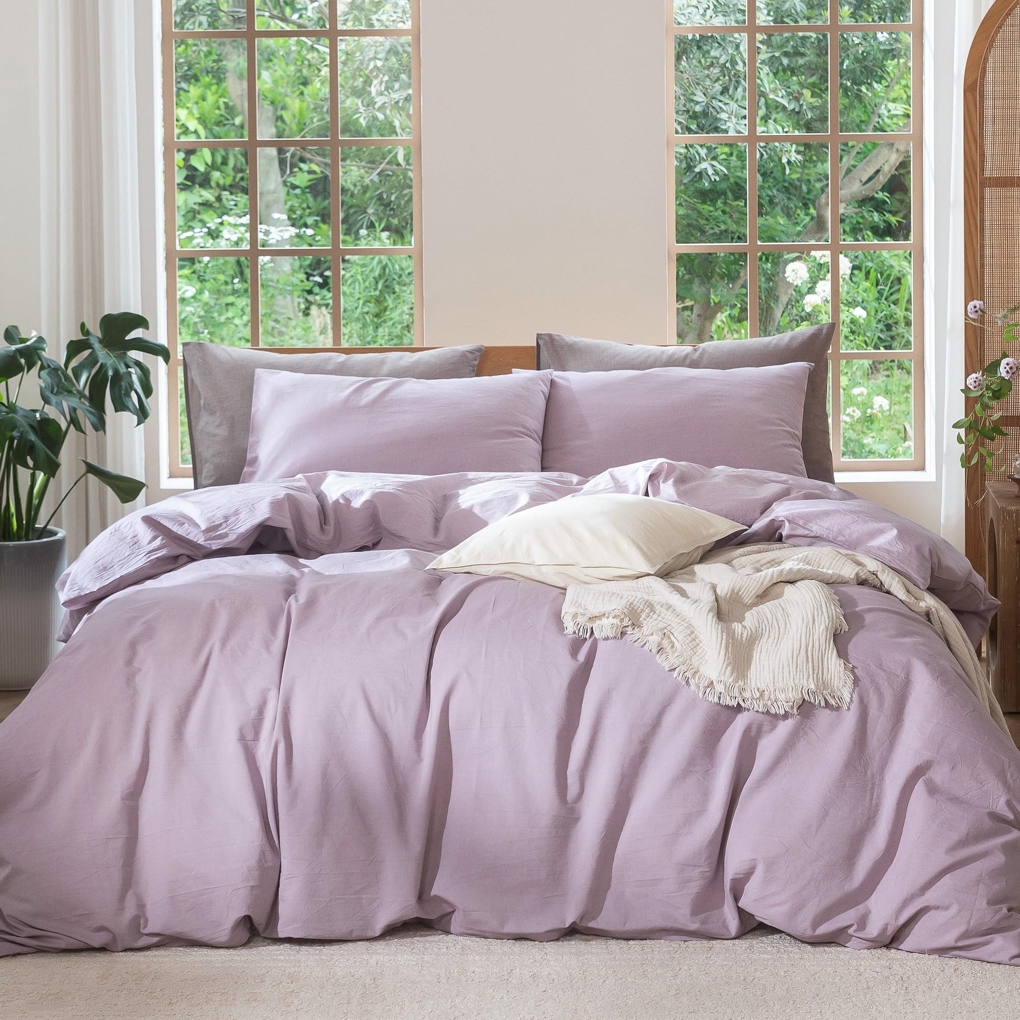 MooMee Bedding Duvet Cover Set 100% Washed Cotton Linen Like Textured Breathable Durable Soft Comfy (Heathered Light Purple, Palatial King/Oversized