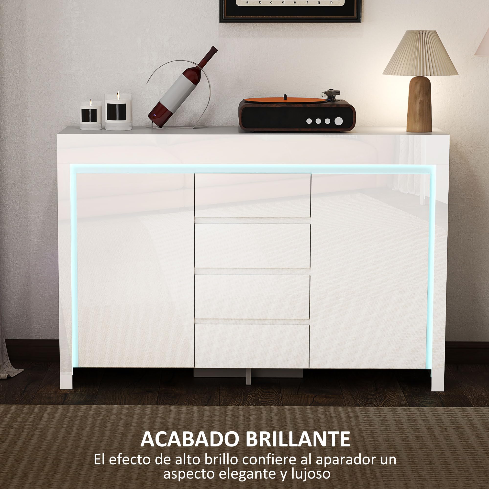 HOMCOM Aparador con Luces LED con 4 Cajones 120x34x80 cm Blanco Brillo