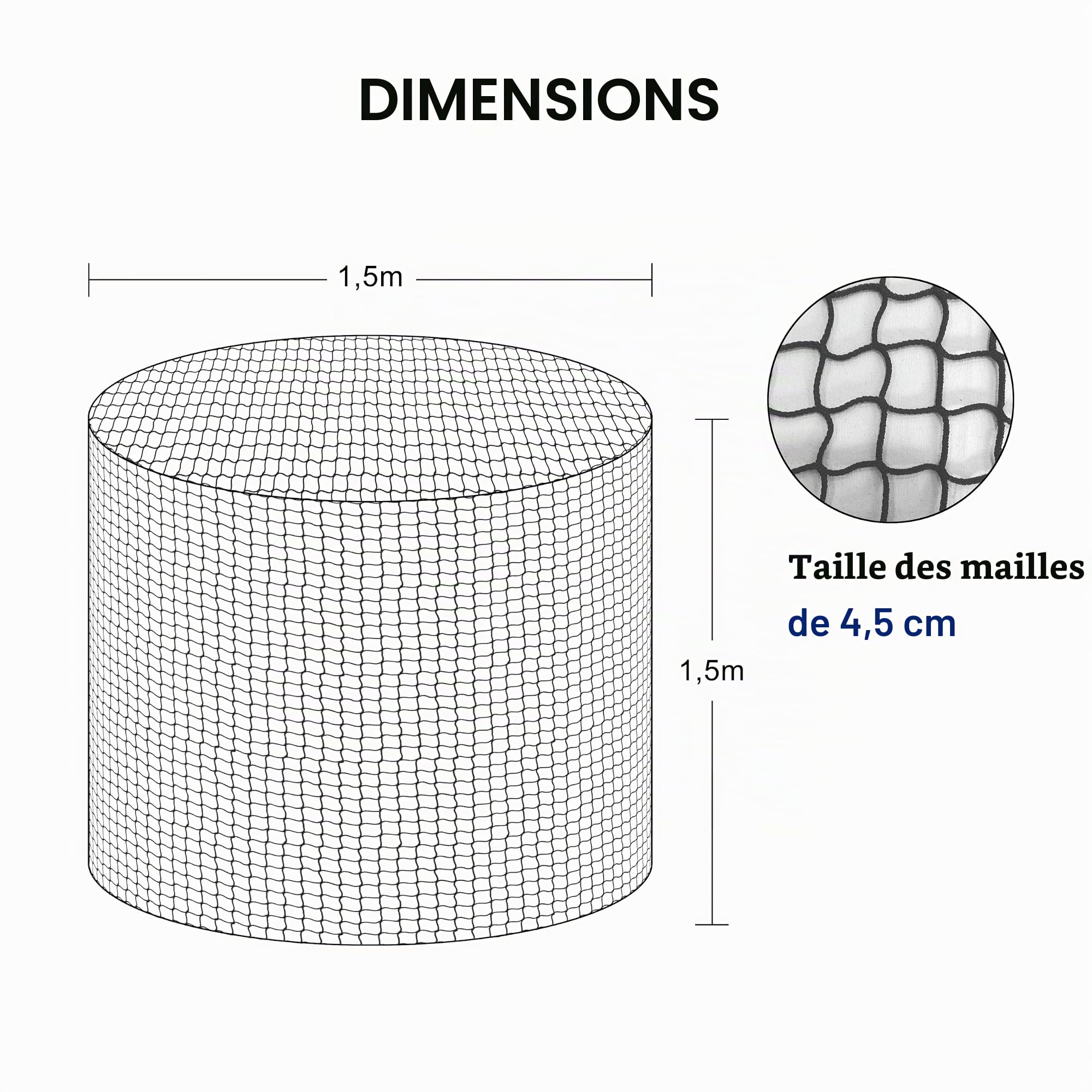 Filet à foin rond - Résistant à l'usure - Pour chevaux - Diamètre : 150 cm - Hauteur : 150 cm - Largeur des mailles : 4,5 x 4,5 cm - Pour prolonger le temps de nourriture des chevaux