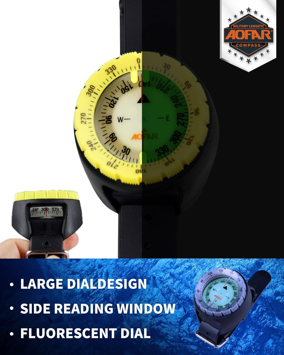 Close-up of the AOFAR AF-Q60 Dive Compass highlighting the large fluorescent dial and side reading window.