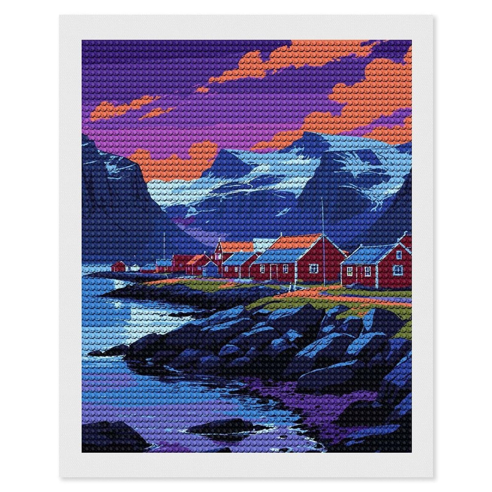 Junmoney Coastal Village Landscape with Mountains 5D Diamond Painting Kit 16"x20", Relaxing DIY, Mindful Craft Project, Full Kit Included, Thoughtful Present