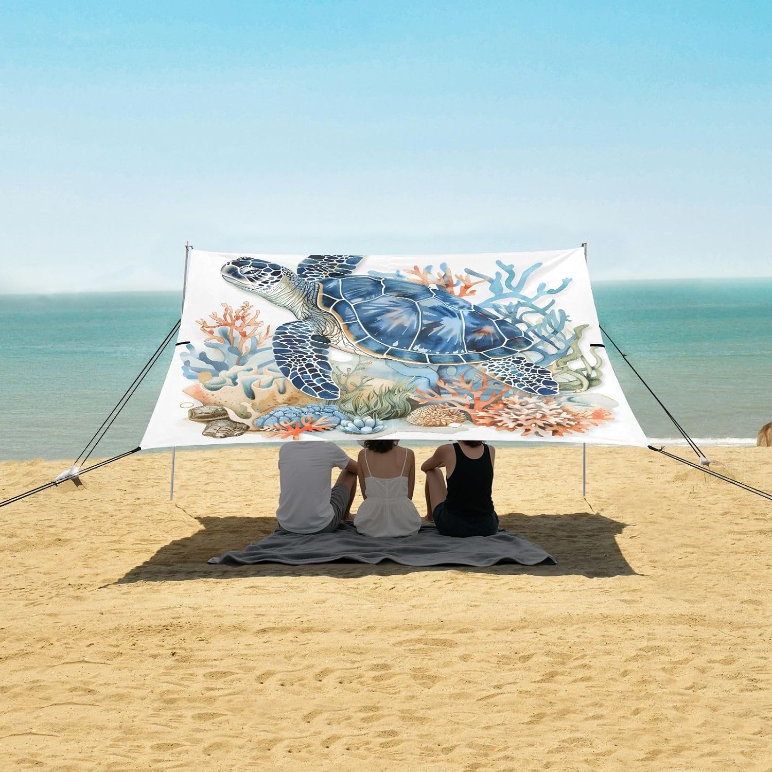ALAZA Sea Turtle Swimming Beach Tent Sun Shelter UPF50+ Protection Beach Shade Canopy w/ 4 Sandbags for Outdoor Camping, Fishing, Backyard Fun, Picnic, 10x9 ft