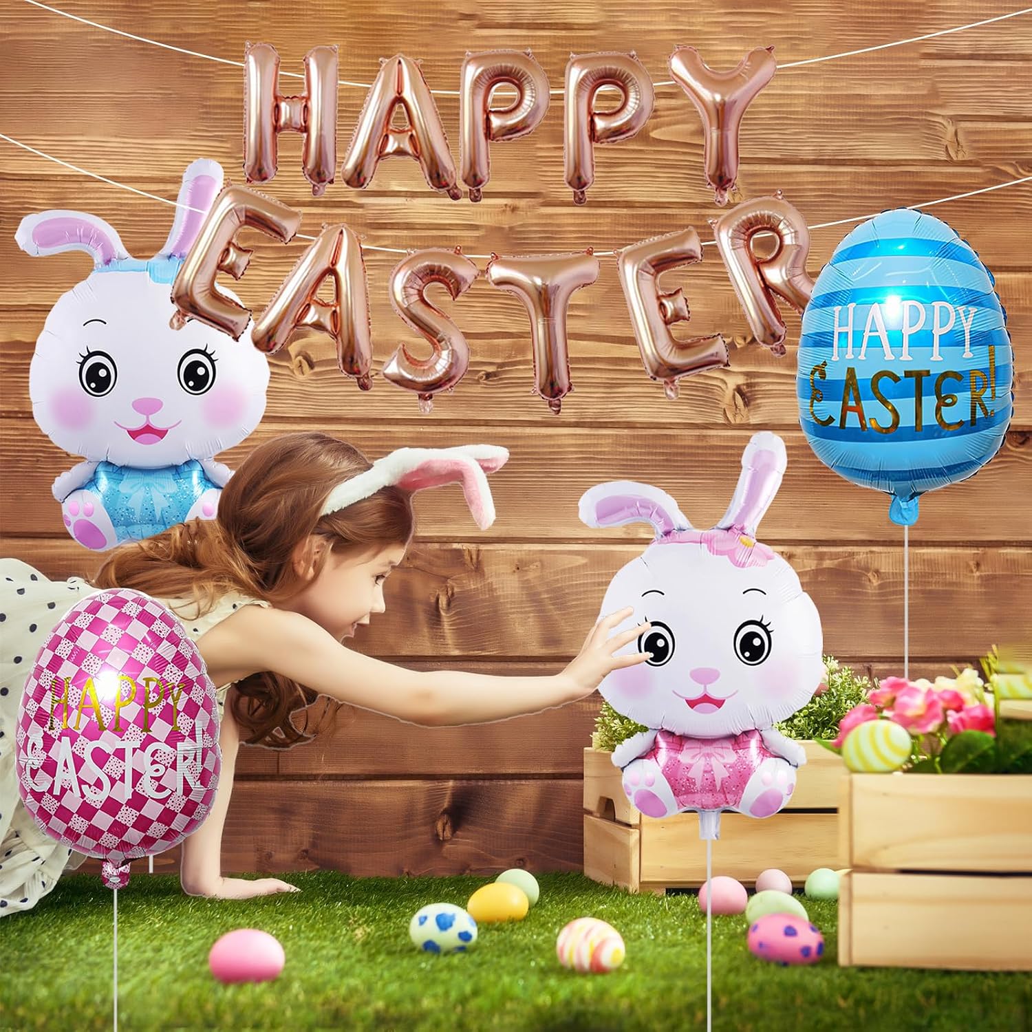 Happy Easter Balloons Decorations,15Pcs Easter Egg Bunny Rabbit Word Large Foil Mylar Balloons Garland Indoor Outdoor Kids Easter Day Birthday, Home School Baby Shower Decor Themed Party Decorations