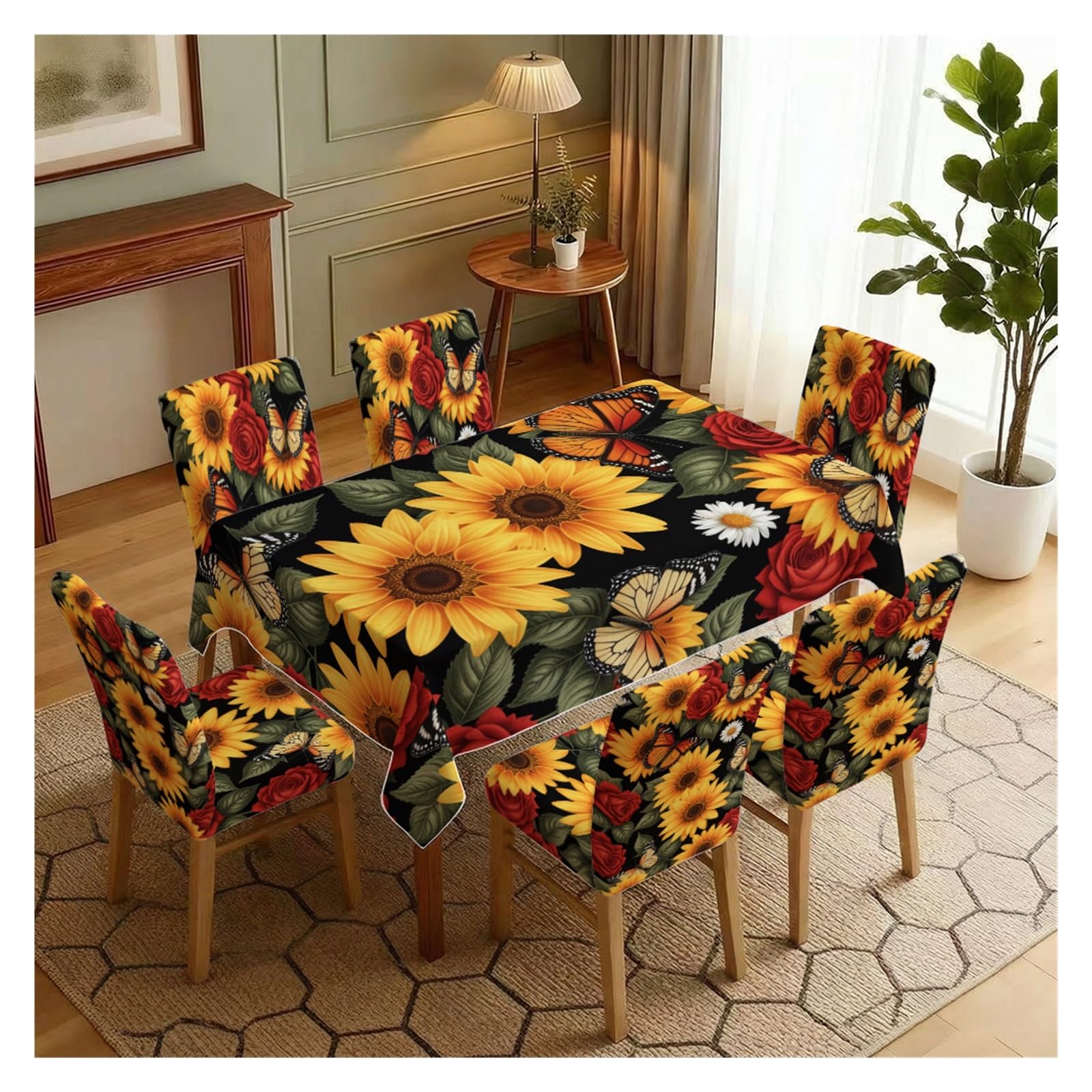 KXUAUV Boho Floral Sunflower Rose Print Stretch Chair Covers & Tablecloth Set, For Farmhouse Kitchen Dining Decor, 5/7 Pack Party Decor(7pcs Set: Tablecloth+Chair Covers)