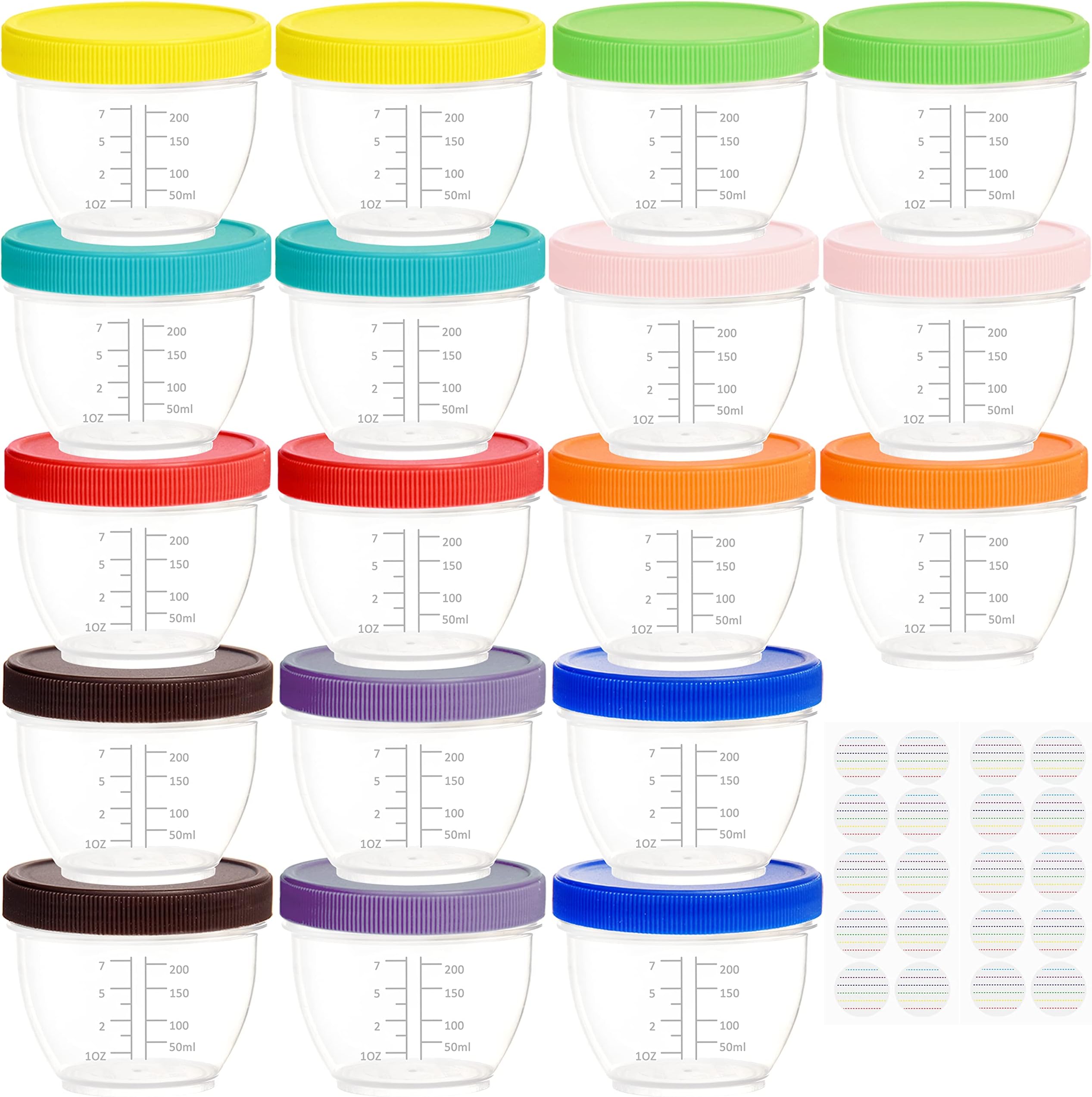 Youngever 18 Pack 1 Cup Small Food Containers with Lids, 8 Ounce Food Storage Containers, Condiment, and Sauce Containers with Lids Labels (Rainbow Colors)