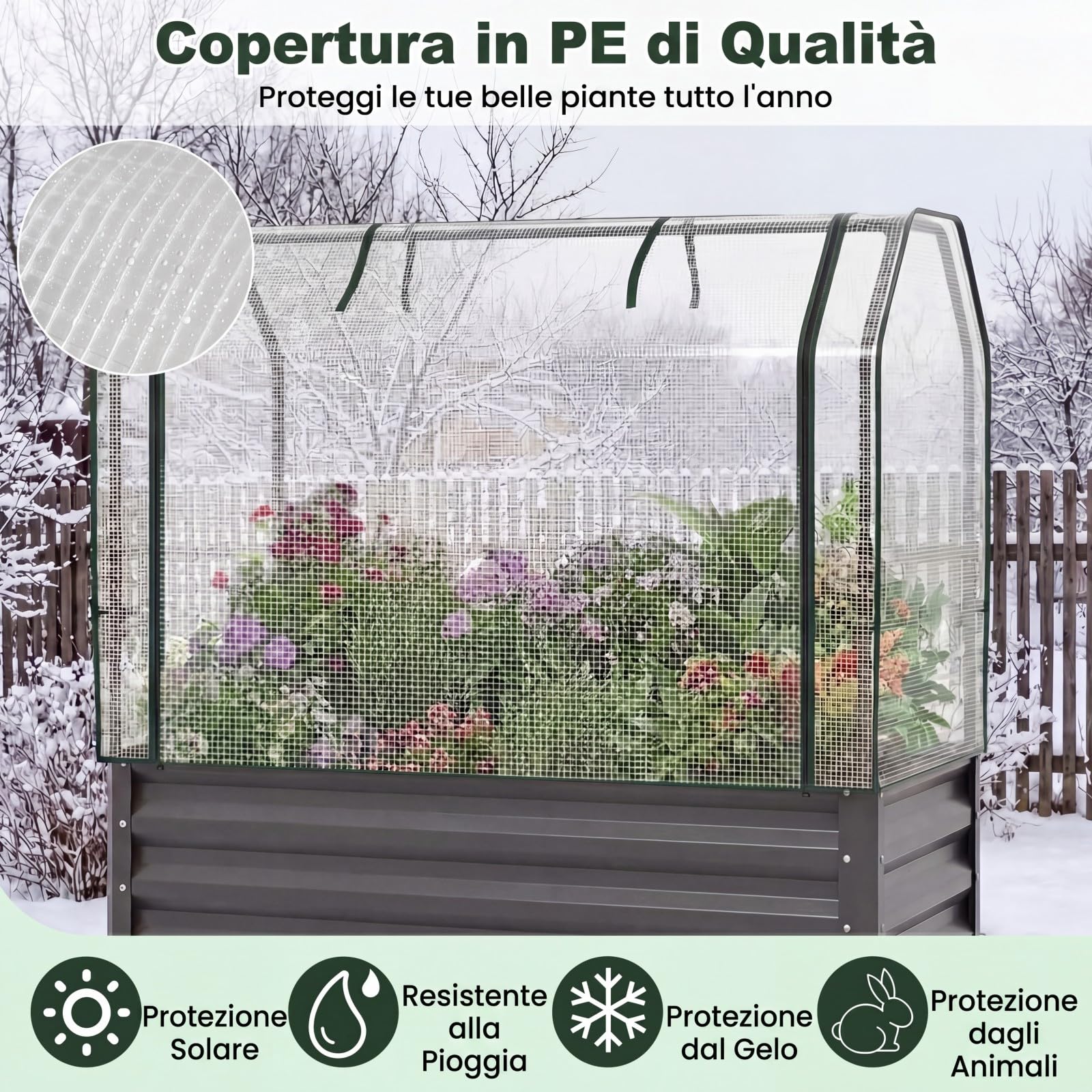 COSTWAY Orto Rialzato da Esterno con Serra, Fioriera Rialzata con Copertura in PE, Porta Avvolgibile con Cerniera e Guanti, Aiuola Rialzata per Verdure, Fiori e Frutta, 112 x 55 x 152 cm (Grigio)