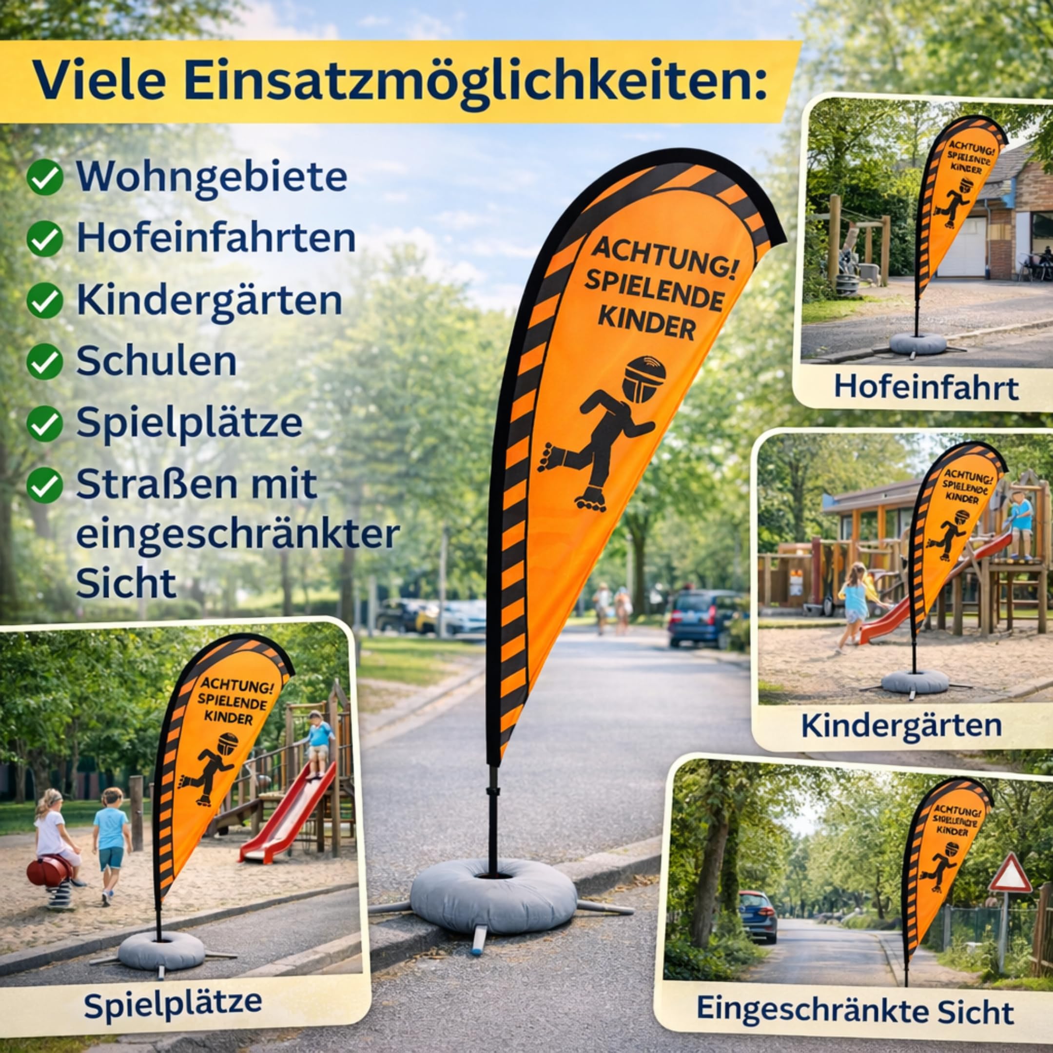Friendly Fox Warnflagge Achtung Spielende Kinder 230 cm, großes Warnschild