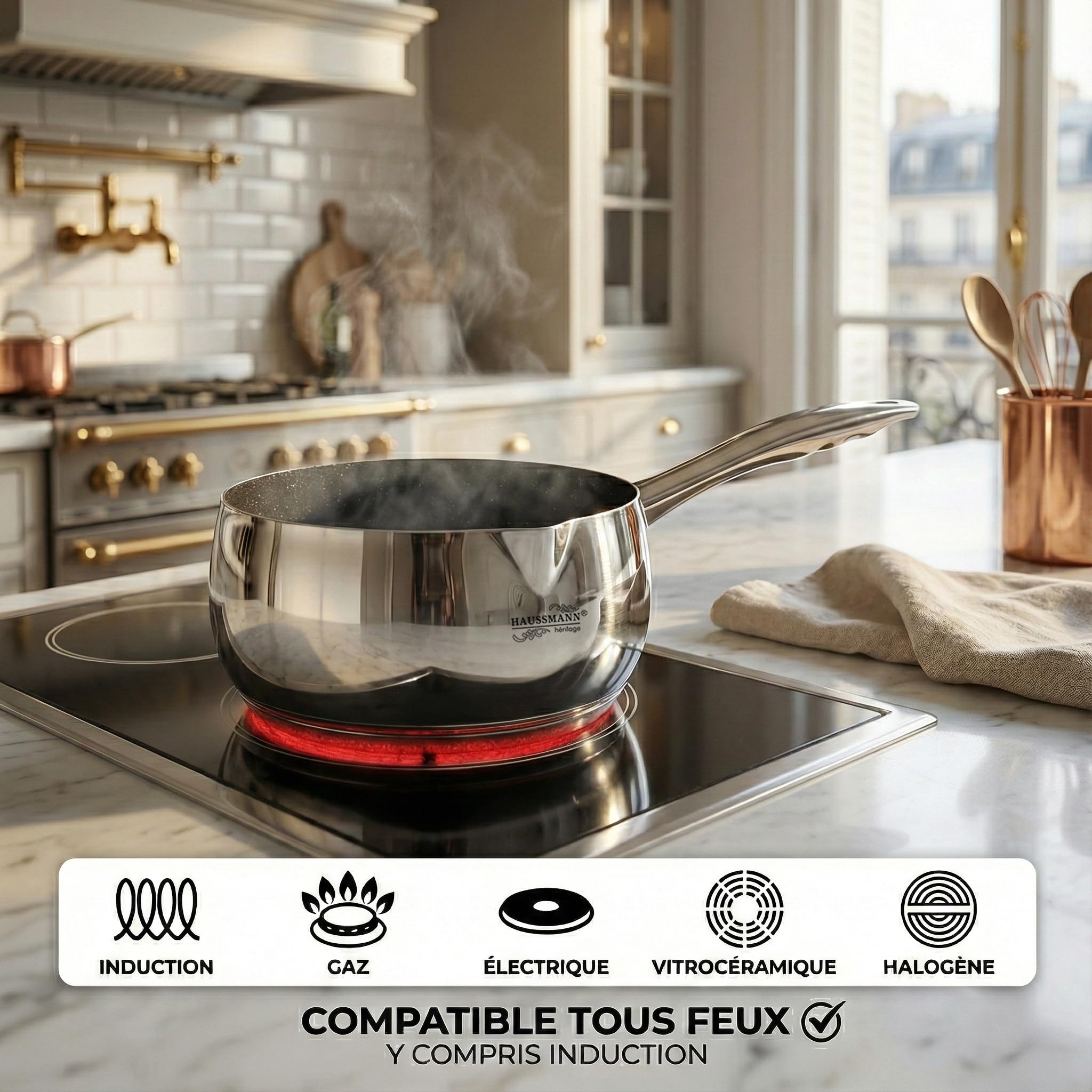 Haussmann Héritage® - Set de 3 Casseroles Inox avec Revêtement Façon Pierre (16/18/20 cm) - Antiadhésif Sans PFOA - Compatible Induction - Fond Triple Épaisseur, Manches Rivetés & Becs Verseurs