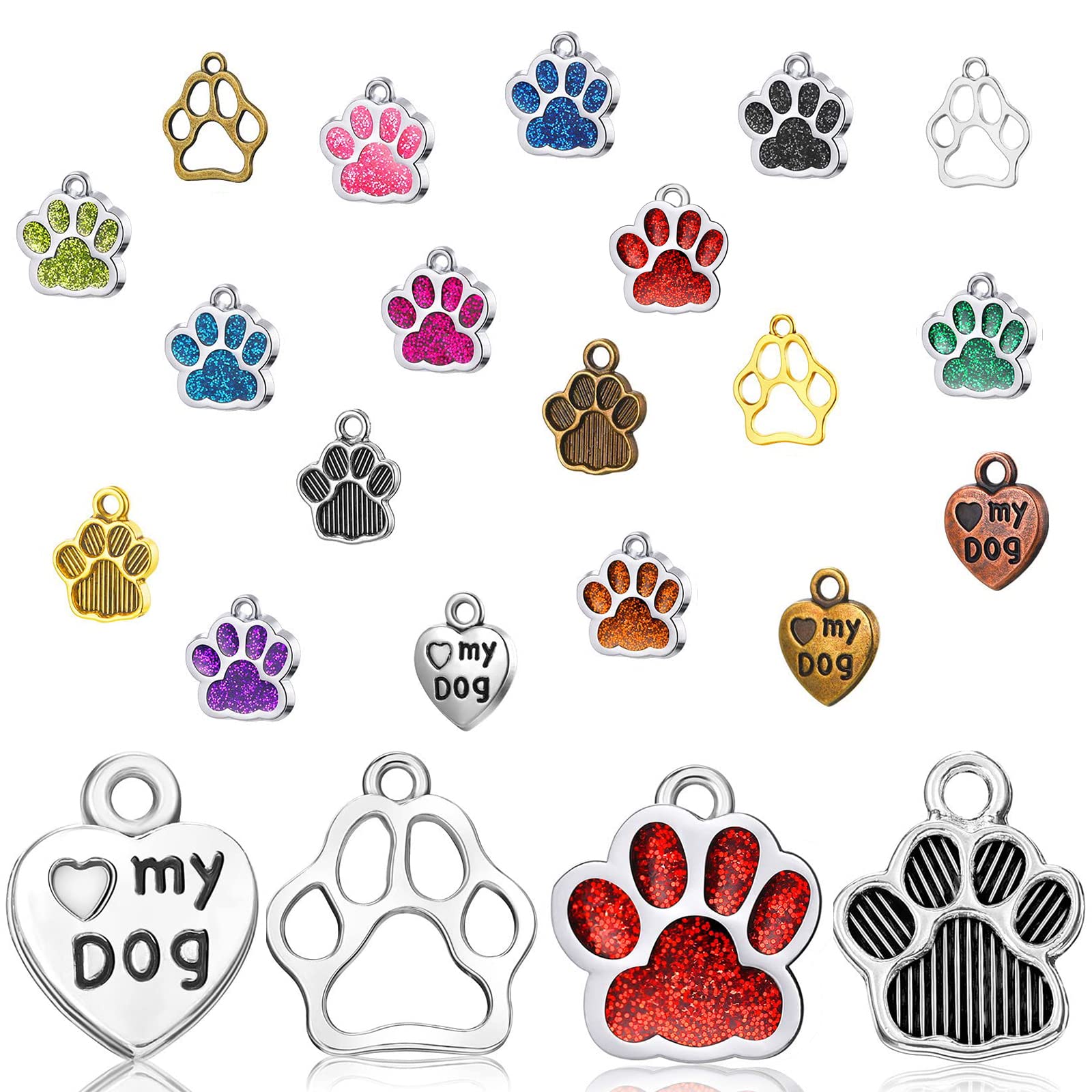 VICZON 19 Pieces Cat Dog Paw Charm Colourful Pendant Metal Necklaces Accessories 4 Styles Dog Paw Print Charm for Necklace Jewellery Making Earrings Bracelets