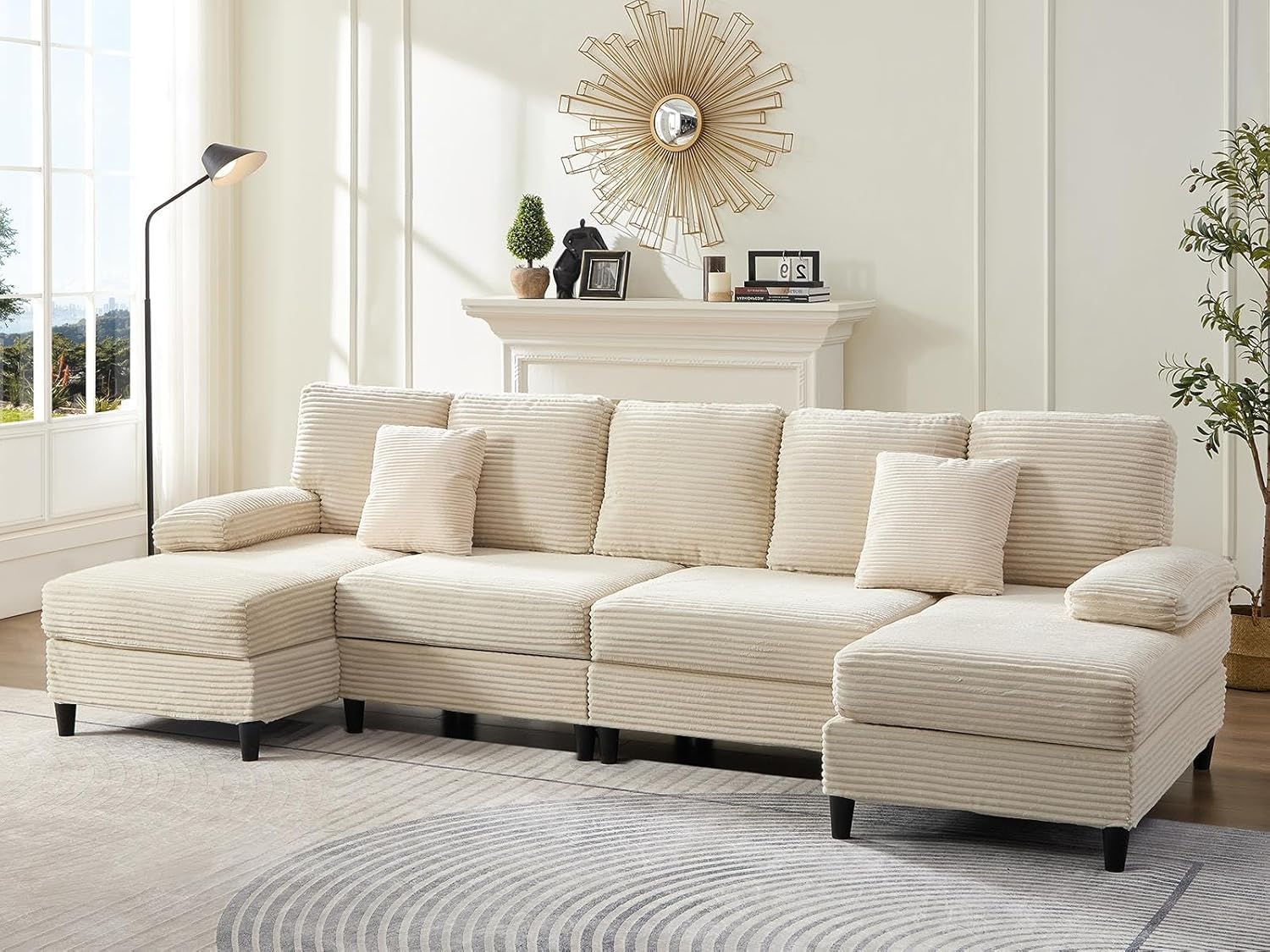 Mjkone 112" Width 4 Seater U-Shaped Sectional Sofa Couches with Sleepable Armrest for Living Room Sets Furniture, Corduroy Living Room Sleeper Sofa Couch Set with Double Chaises for Home Office, Beige