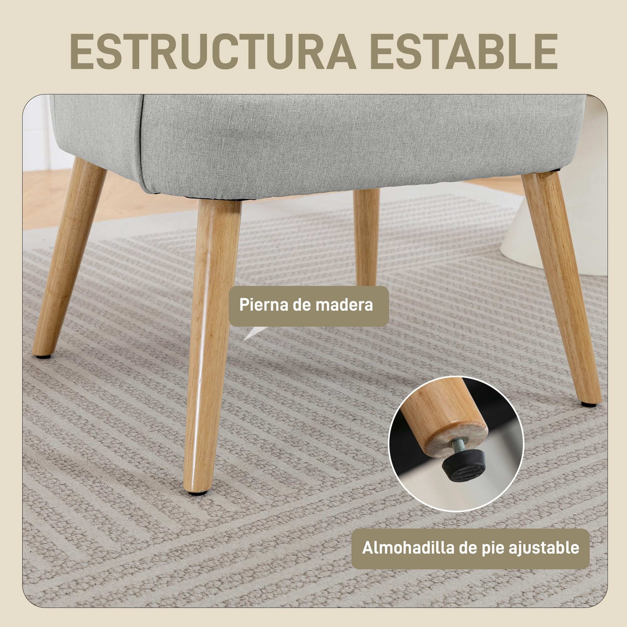 HOMCOM Butaca de Salón Moderna en Lino con Patas de Madera 120kg Gris Claro | Sillón Lectura Tapizado, Reposabrazos Acolchado Grueso, Almohadillas Ajustables, para Dormitorio Oficina Estudio