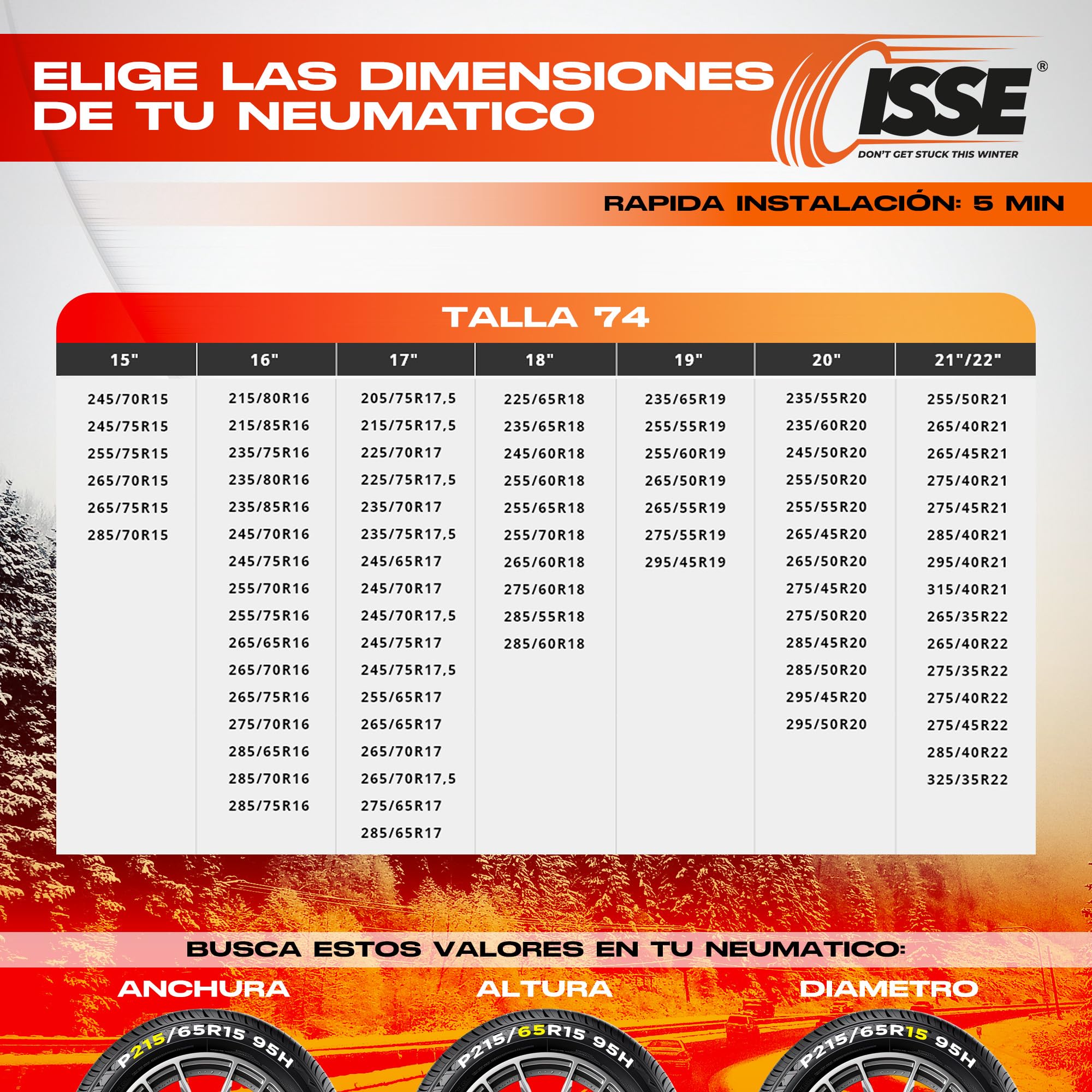 ISSE Super T-74 | Cadenas Coche Nieve Textil Homologadas - Cadenas para Autos de Uso Diario en Nieve y Hielo - Kit de 2 Cadenas Coche Nieve Universales + Guantes