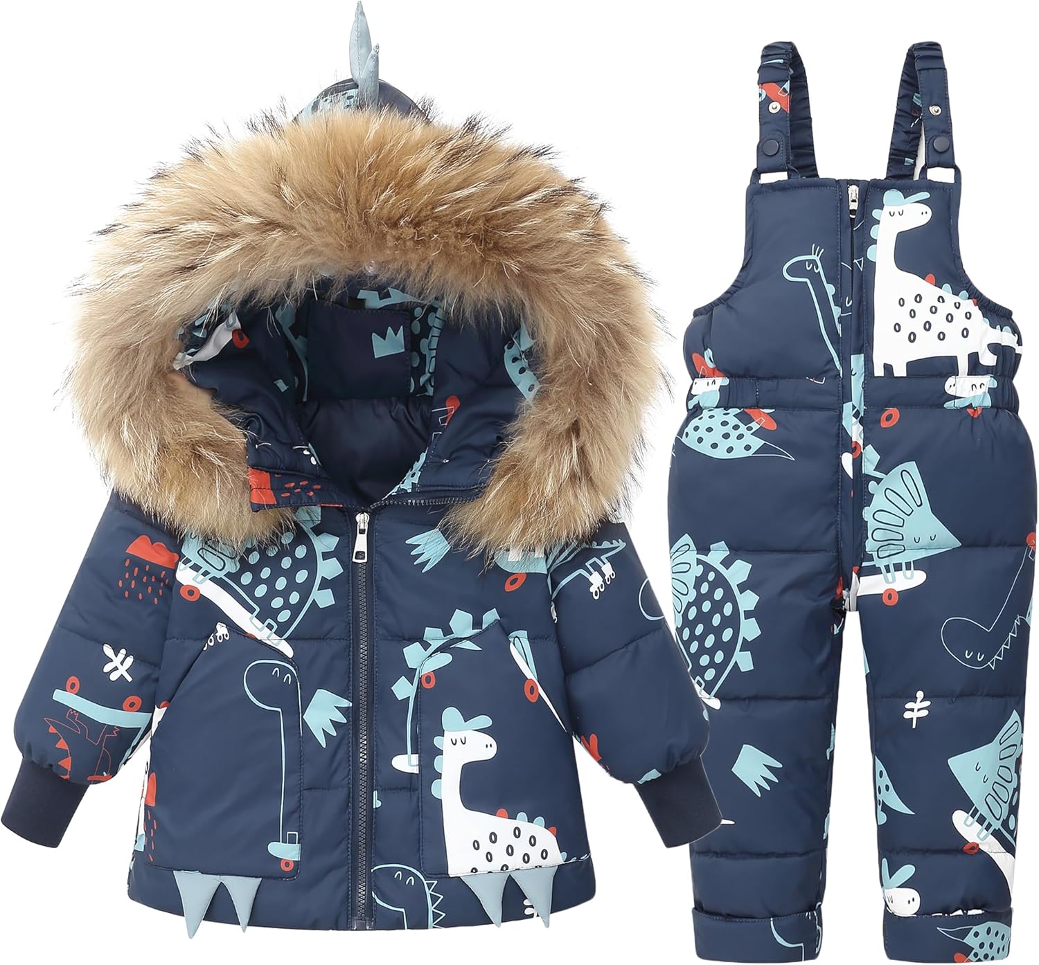 Fewlby Snowsuit Kids 2-Piece Ski Suits Set, Hooded Puffer Down Jacket Snow Bib Pants, Toddler Winter Outfit Cartoon Skisuit