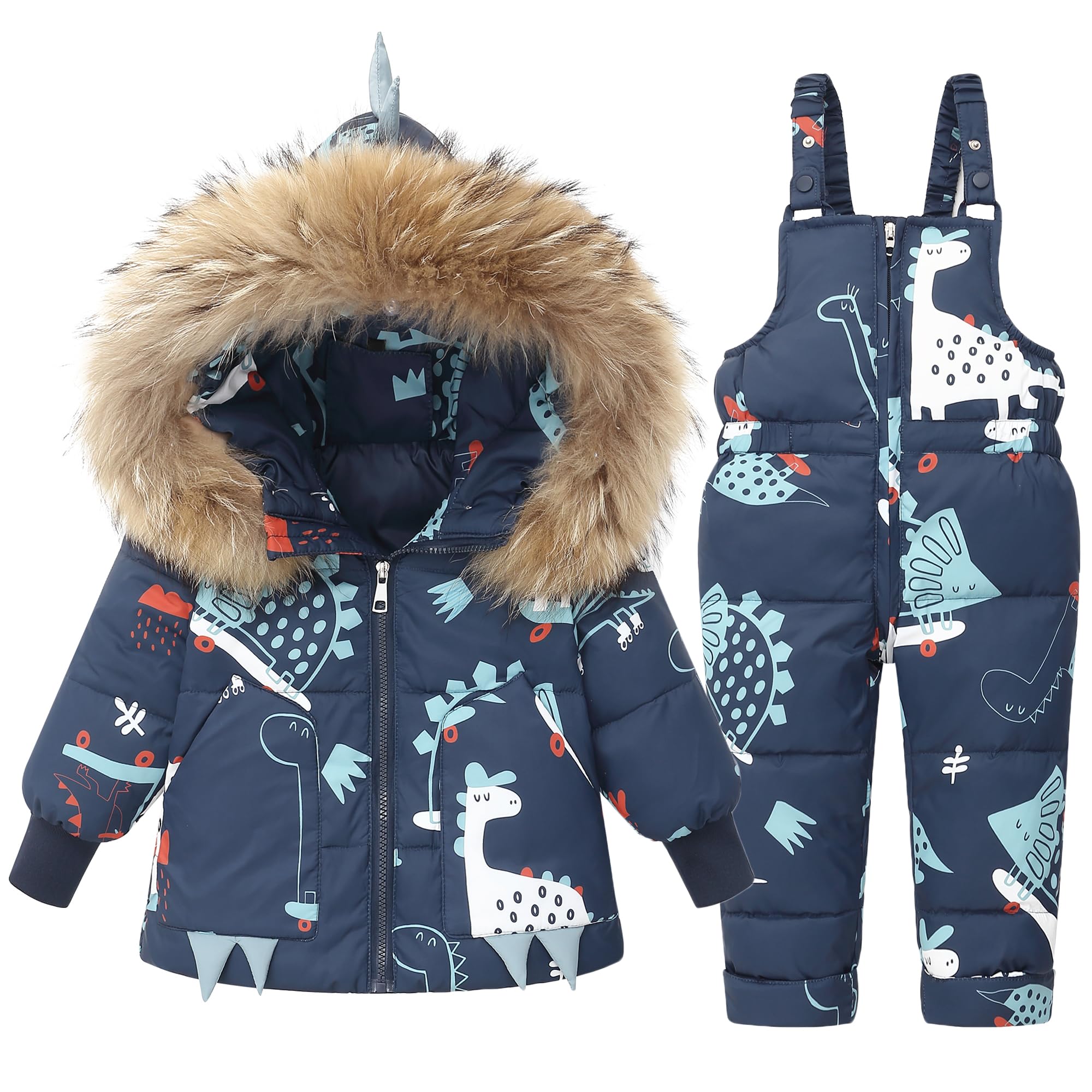 Conjunto de Esquí Niño Niña, Chaqueta con Capucha + Pantalón de Esquí, 2 Piezas Traje de Nieve Abrigos de Pluma Pantalones de nieve Dinosaurio Traje de Esquí