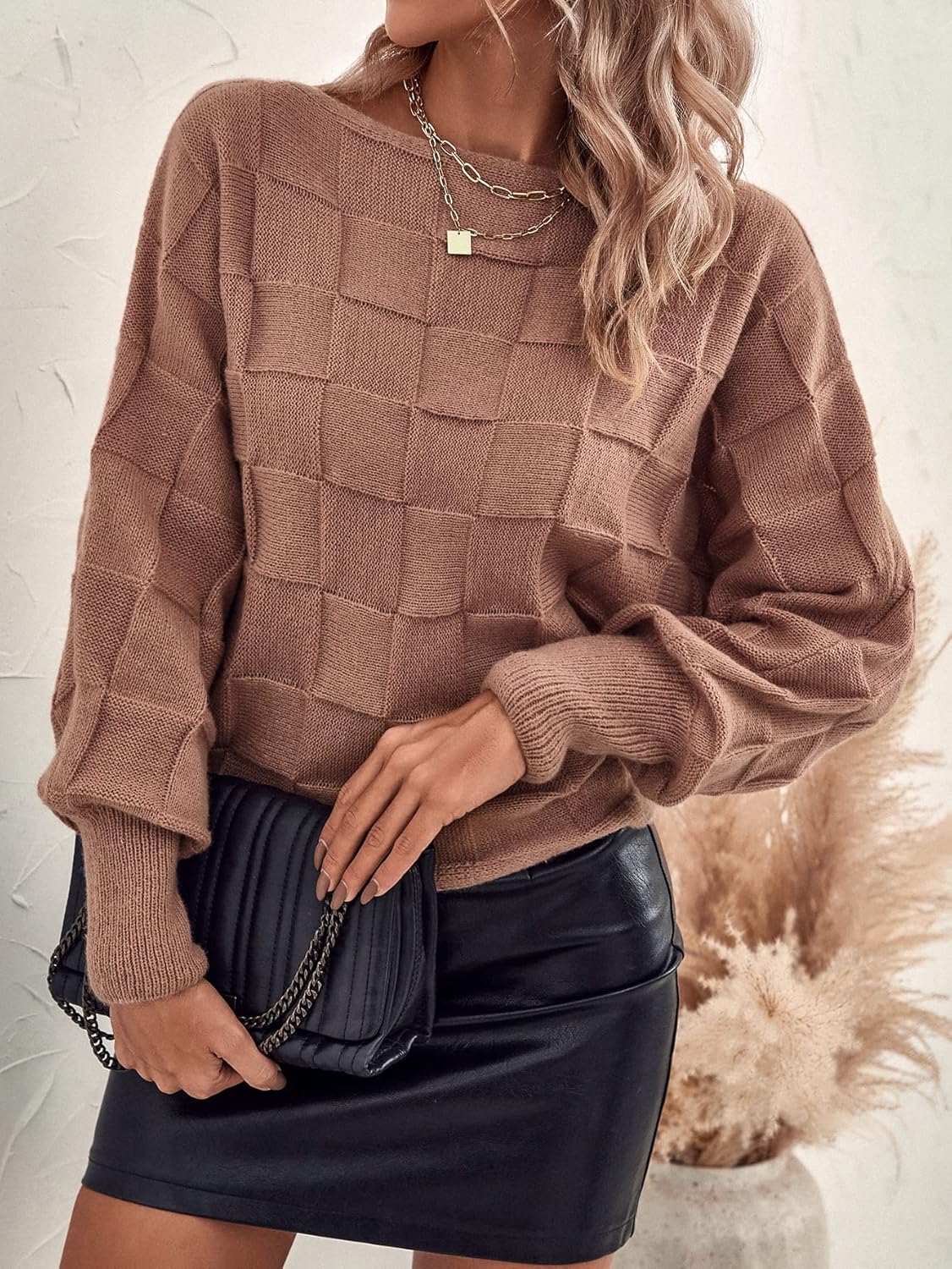 Women's Sweater Textured Knit Batwing Sleeve Sweater Sweater for Women (Color : Dusty Pink, Size : Medium)