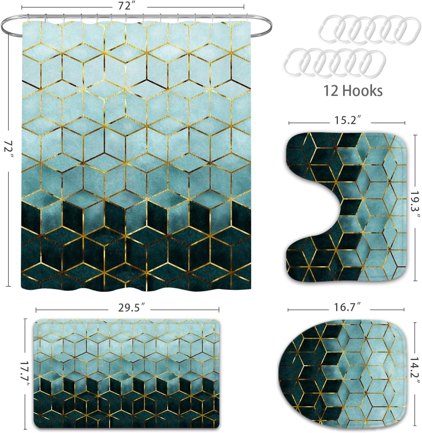 Gibelle 4 Pcs Bathroom Shower Curtain Set with Non-Slip Rugs, Toilet Lid Cover and Bath Mat, Teal Gradient Gold Cubic Lines Luxury Bathroom Decor Set with Shower Curtain and Rugs and Accessories