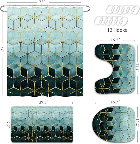 Miniatura 6 de Gibelle Juego de 4 cortinas de ducha de baño con alfombras antideslizantes, cubierta para tapa de inodoro y tapete de baño, líneas cúbicas doradas