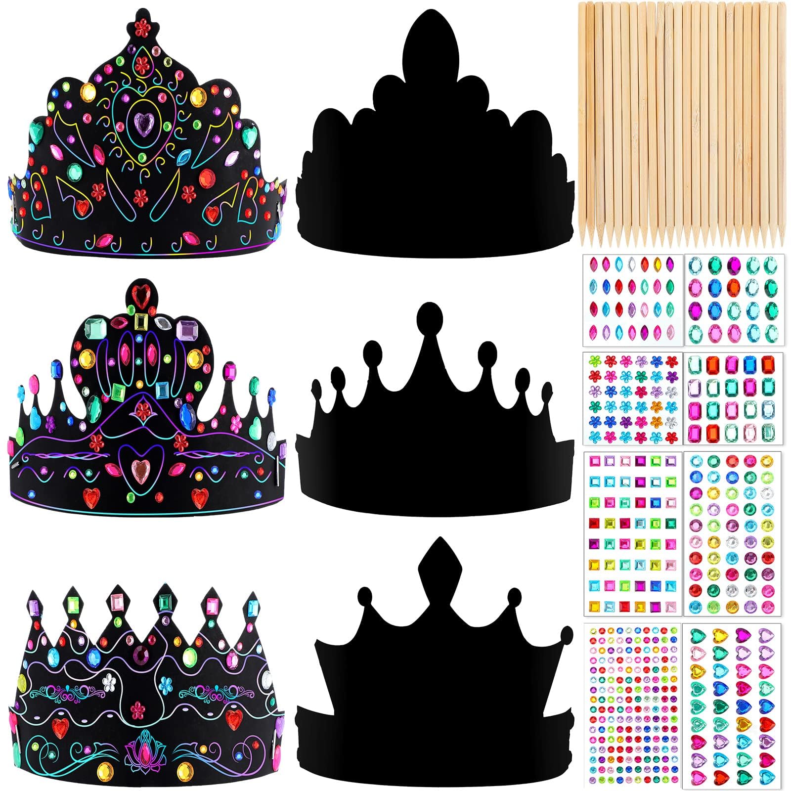 PFUTURE DIY Paper Crowns Set, 80 Pcs Crafts Crowns with Rainbow Color Scratch Design. Includes DIY Craft Scratch Crown Headband Hats, Wooden Styluses, Colorful Gem Jewels Stickers for Boys, Girls