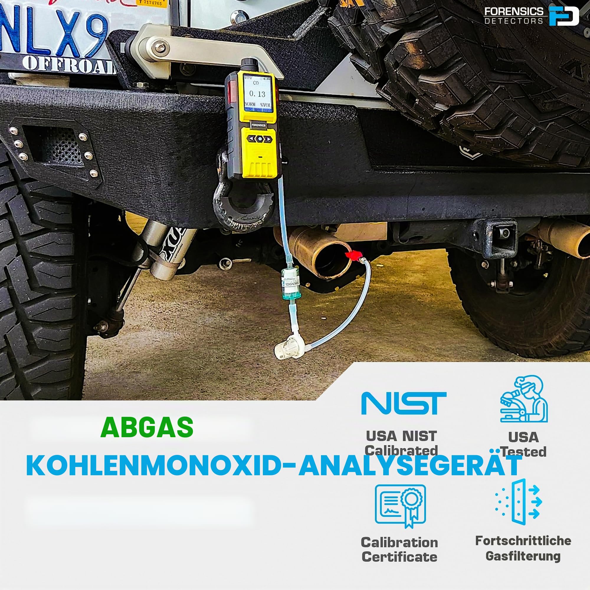 CO-Abgasanalysator von Forensics | EU-Kalibrierzertifikat | Motorräder, Gabelstapler und Kleinmotoren | 0–2% CO