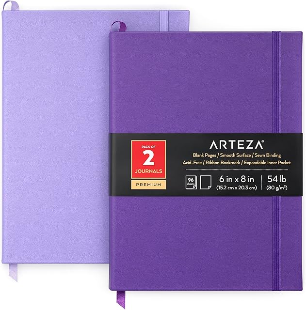 ARTEZA Plain Notebook, Pack of 2, 15.2 x 20.3 cm, 96-Sheet Hardcover Journals, Lavender and Purple, with 80-gsm Smooth Blank Writing Paper for Bullet Journaling & Note Taking