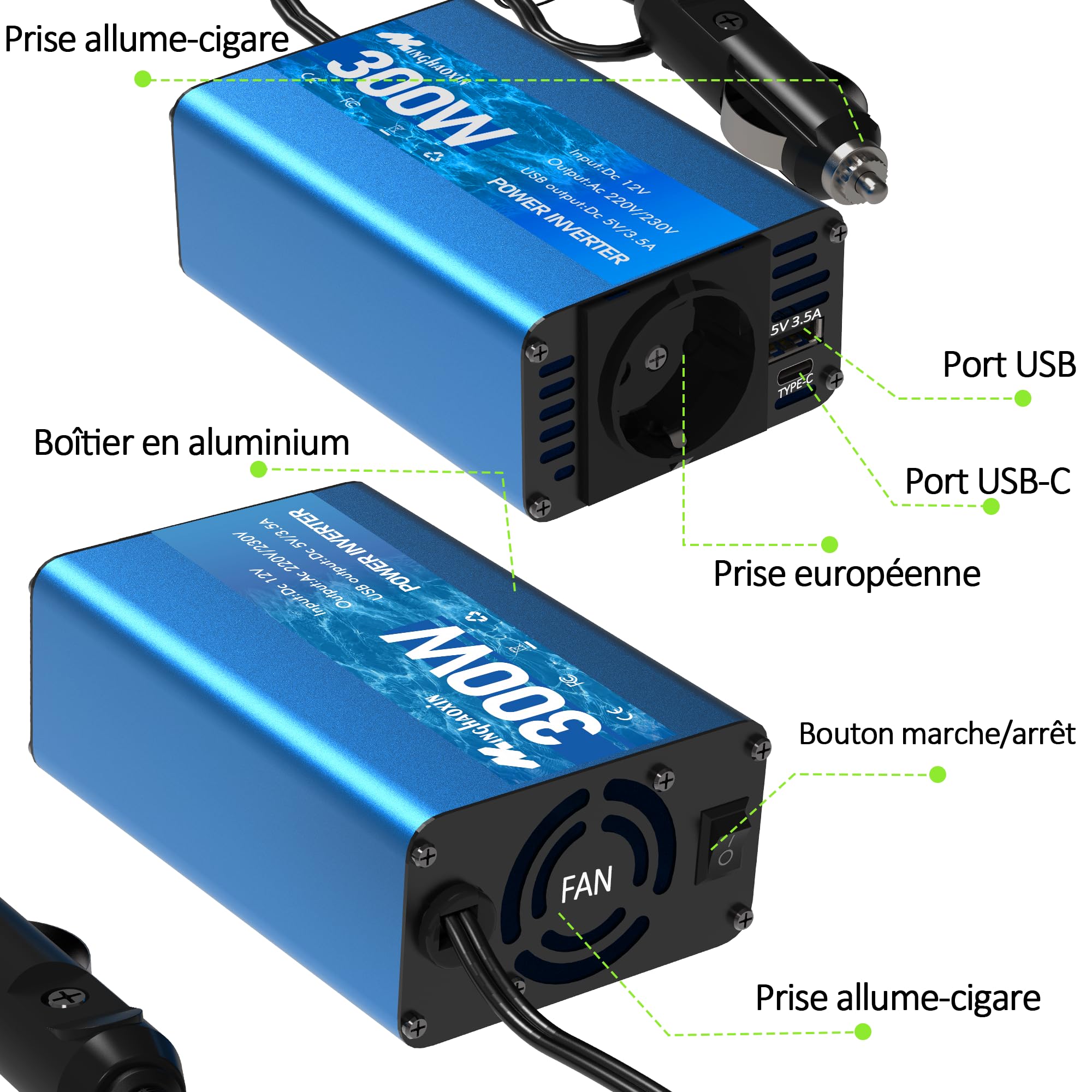 300W Wechselrichter 12V auf 230V Spannungswandler | TYPE-C & USB Anschluss, Autostecker Adapter, Steckdosenkonverter, Für Roadtrips und Camping