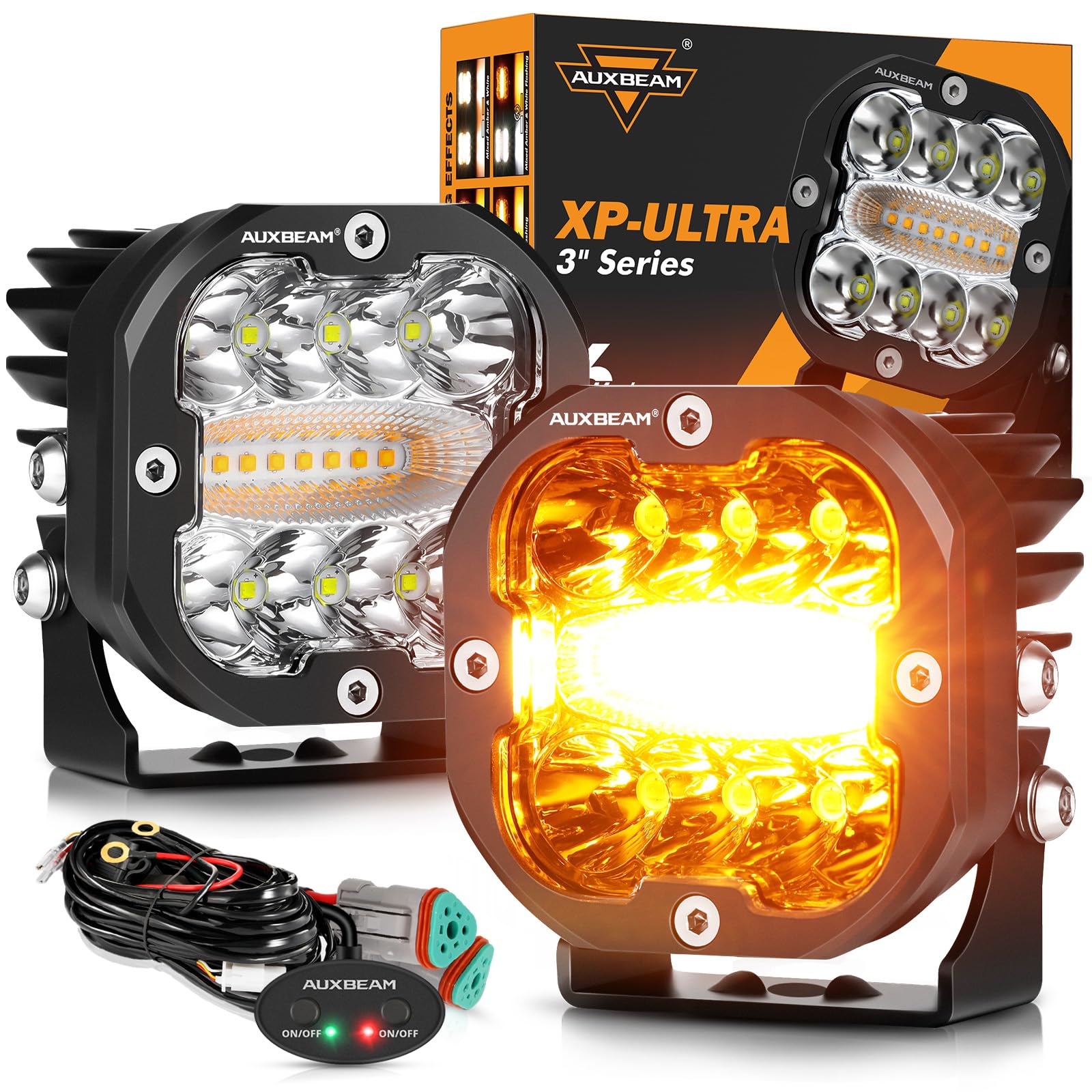 3 Inch 96W Amber White LED Light Pods XP-Ultra Series 6 Modes Dual Color Fog Light Cube Spot Flood Combo Strobe Lights Driving Offroad Ditch Lights for Truck Jeep, Pair